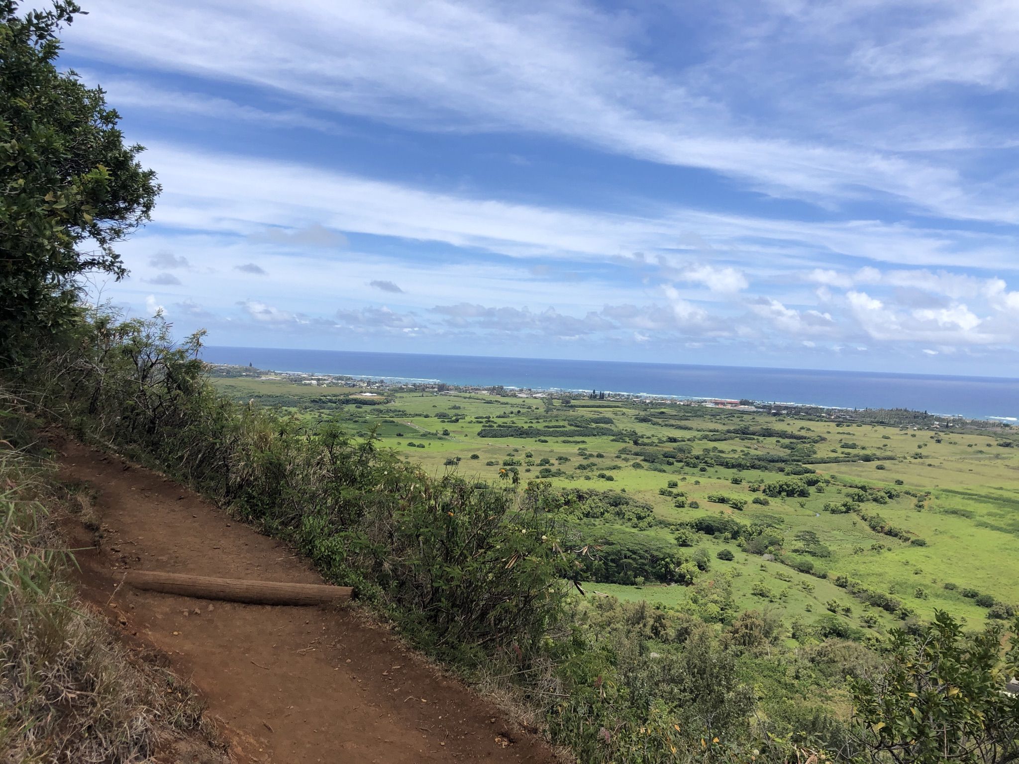 Dirt path on a hillside overlooking a green valley and ocean under a cloudy sky. - Nounou East Trail viewpoint via Papaloa Road loop