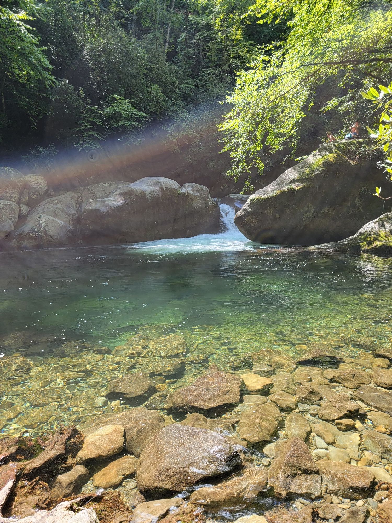 A clear river pool with a small waterfall and sunbeams. - Mouse Creek Falls via Big Creek Trail