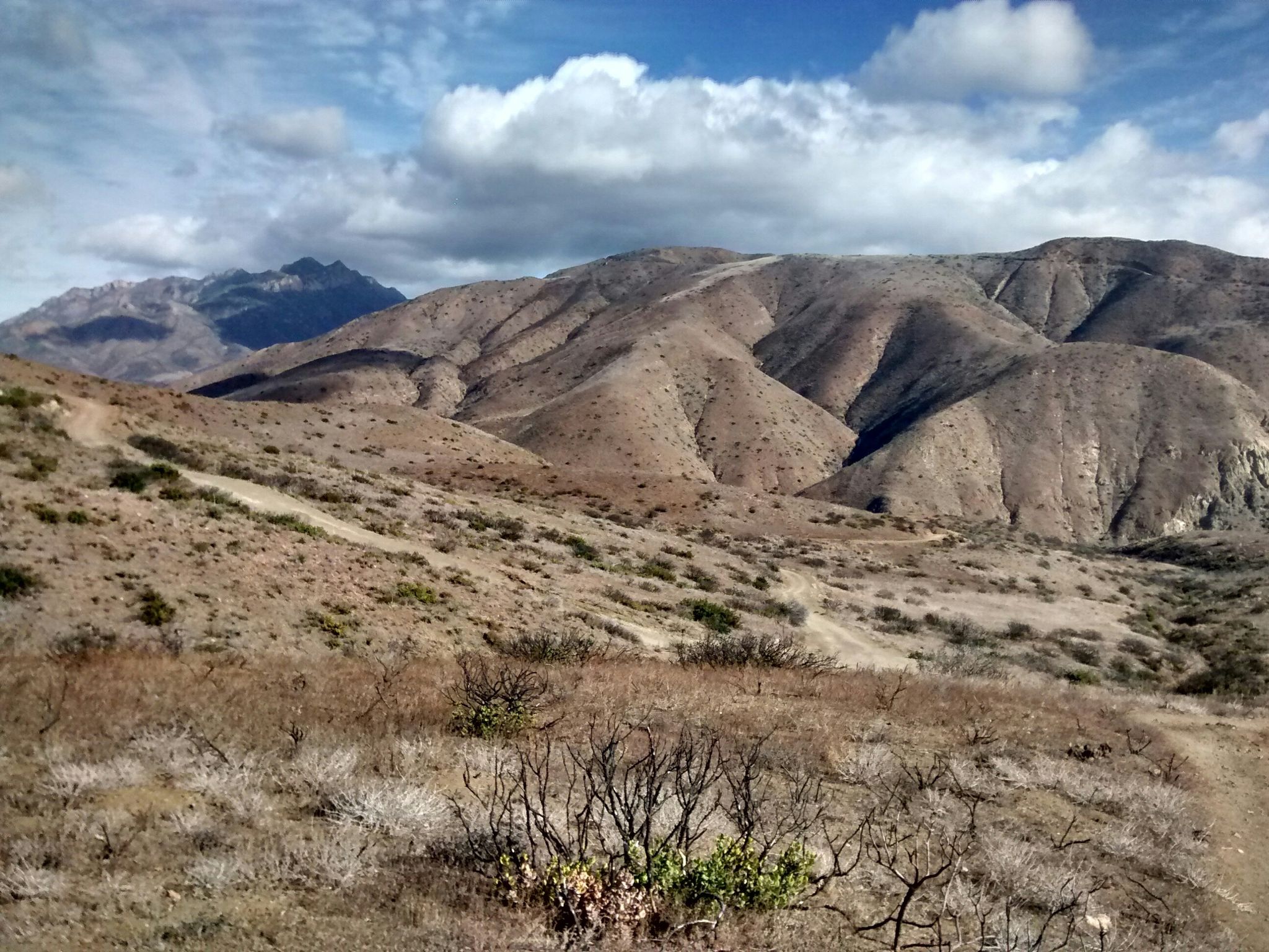 Sunny view of arid mountains and dry brush under a partly cloudy sky. - Ray Miller and Overlook Fire Road Loop