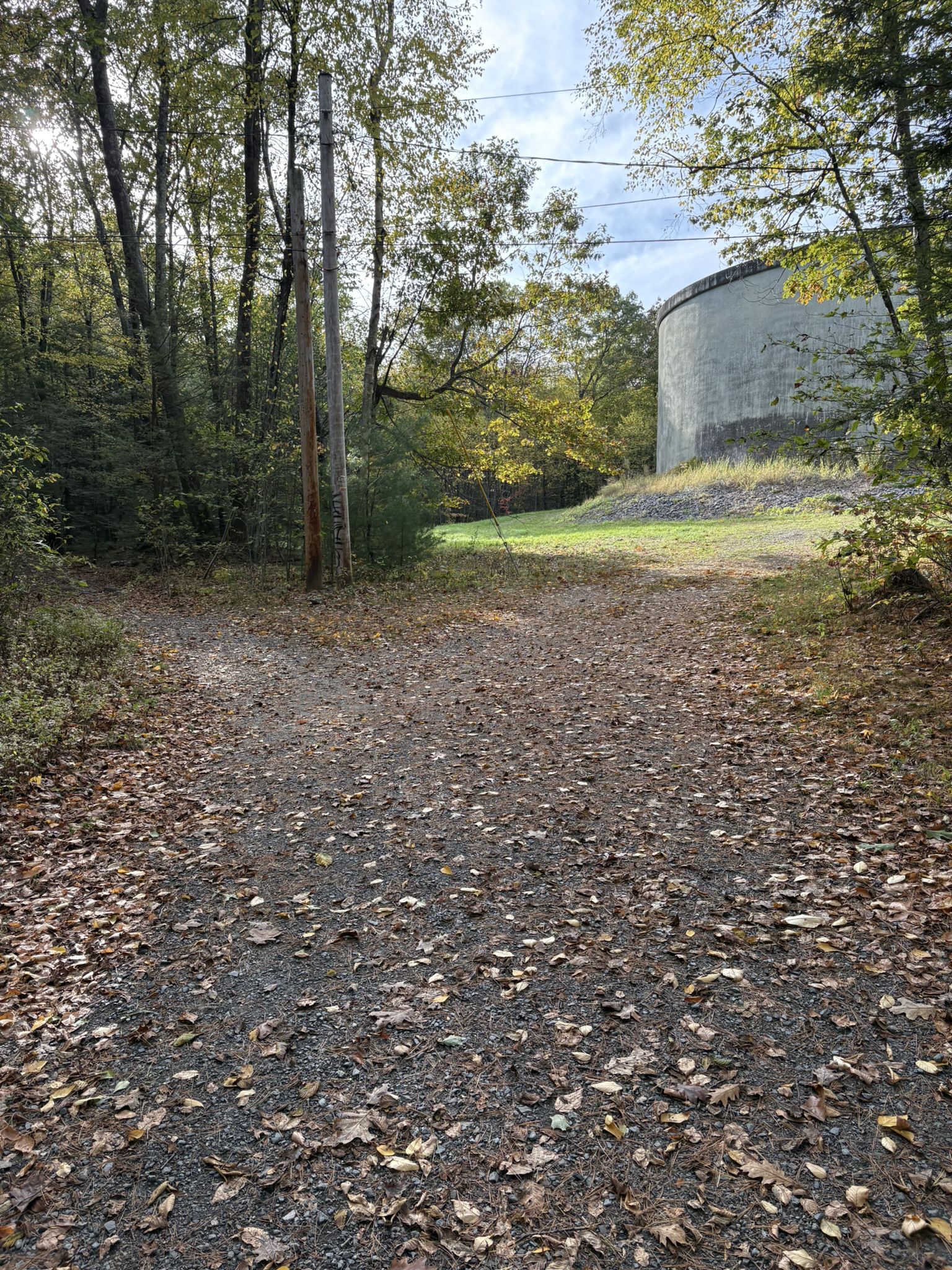 A dirt path leading into a forest with a large concrete structure. - The General Store – Shaker Settlement Ruins loop from North Leominster