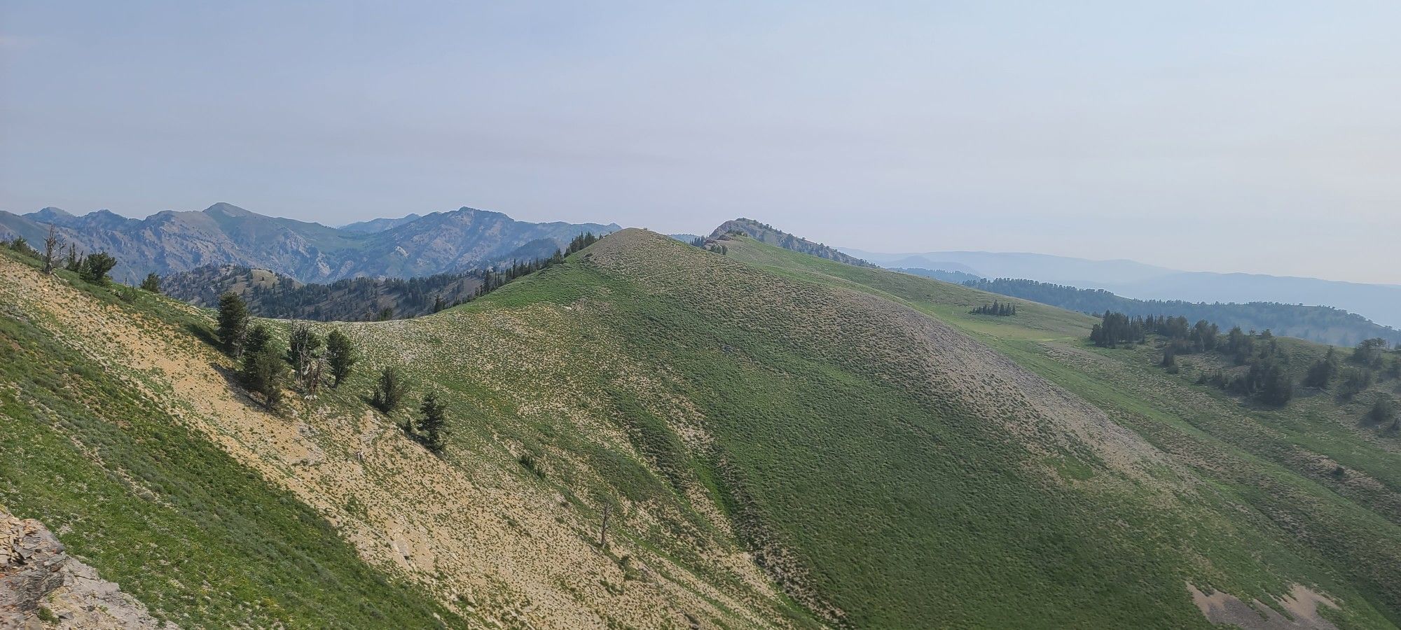 Green and dry mountain slopes under a hazy sky, with distant peaks. - Mount Jardine via Smithfield Dry Trail