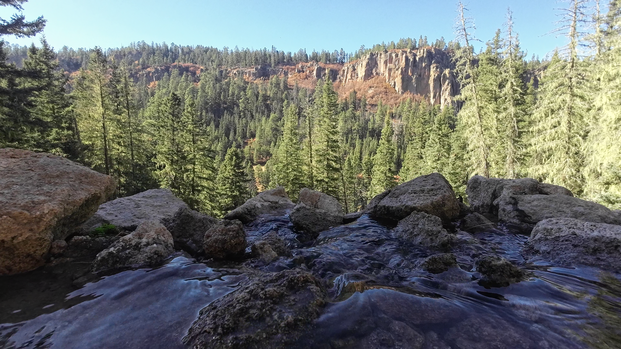 Water flowing over rocks with a pine forest and sunny cliff beyond. - San Antonio Hot Springs Trail