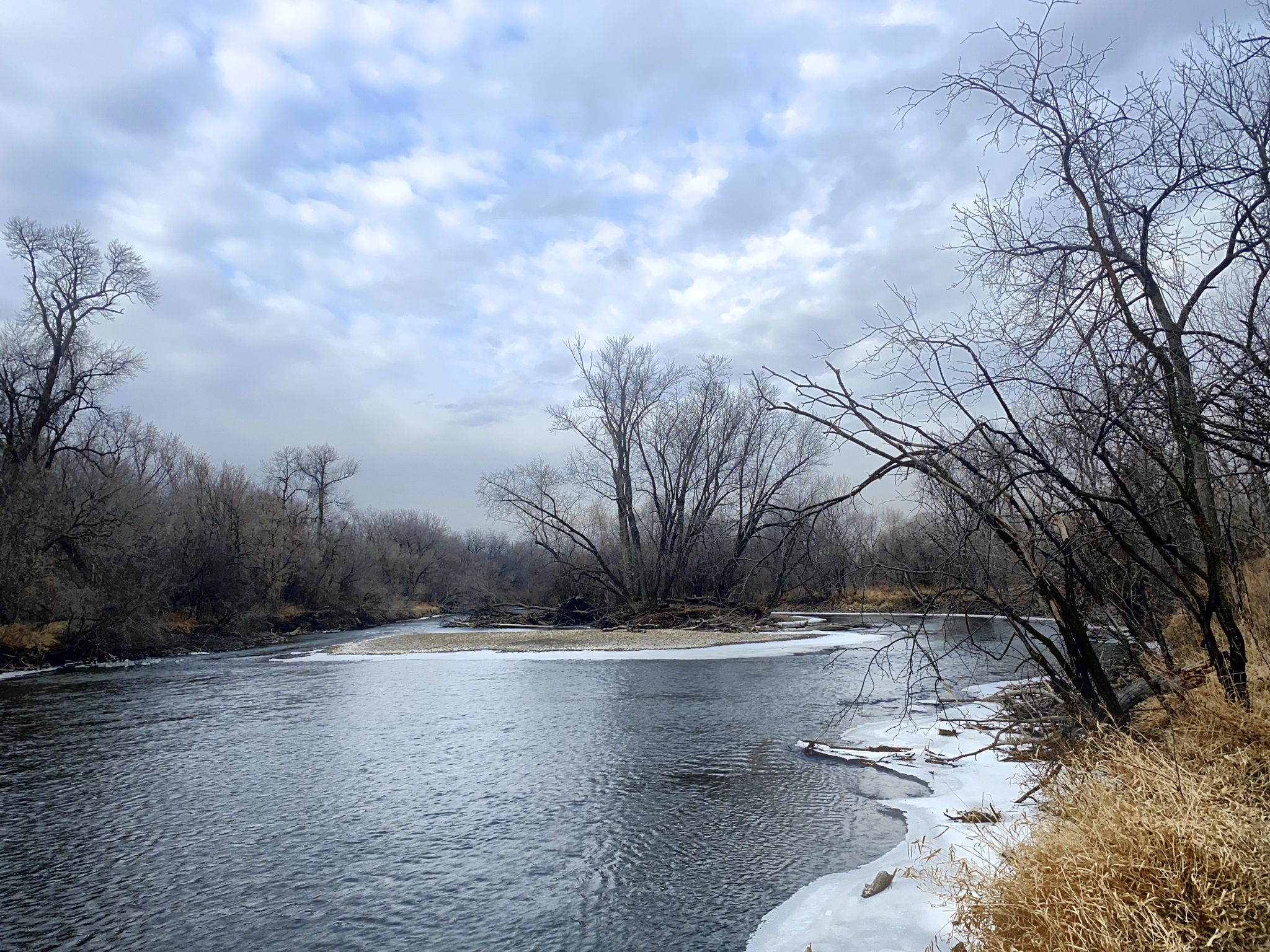 Partially frozen river with bare trees on the banks under a cloudy sky. - Carleton Arboretum Trail loop from Northfield