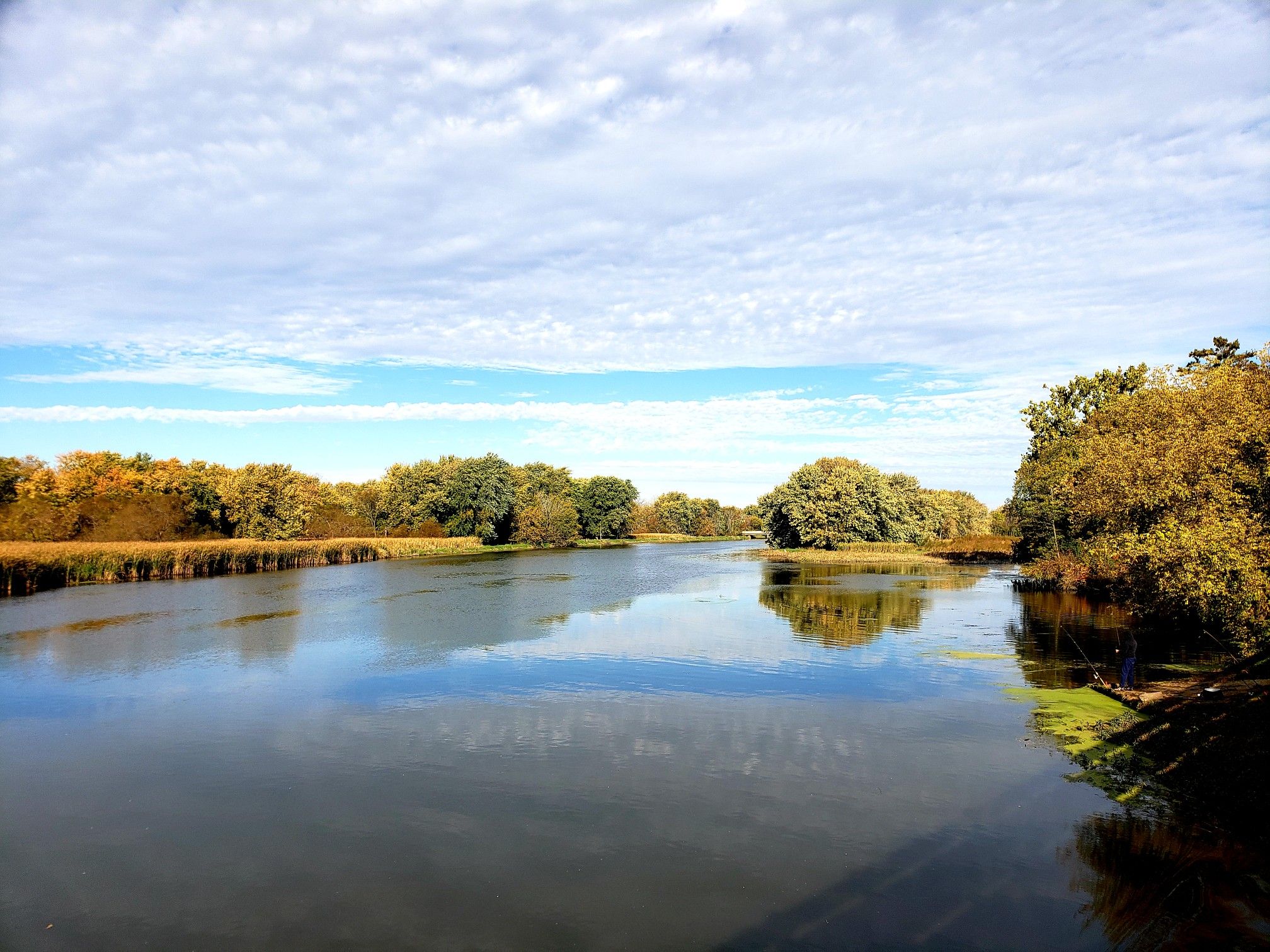 Wide river reflecting a cloudy sky, surrounded by autumn-colored trees. - DuPage River Bridge – Historic I & M Canal lock loop from Aux Sable