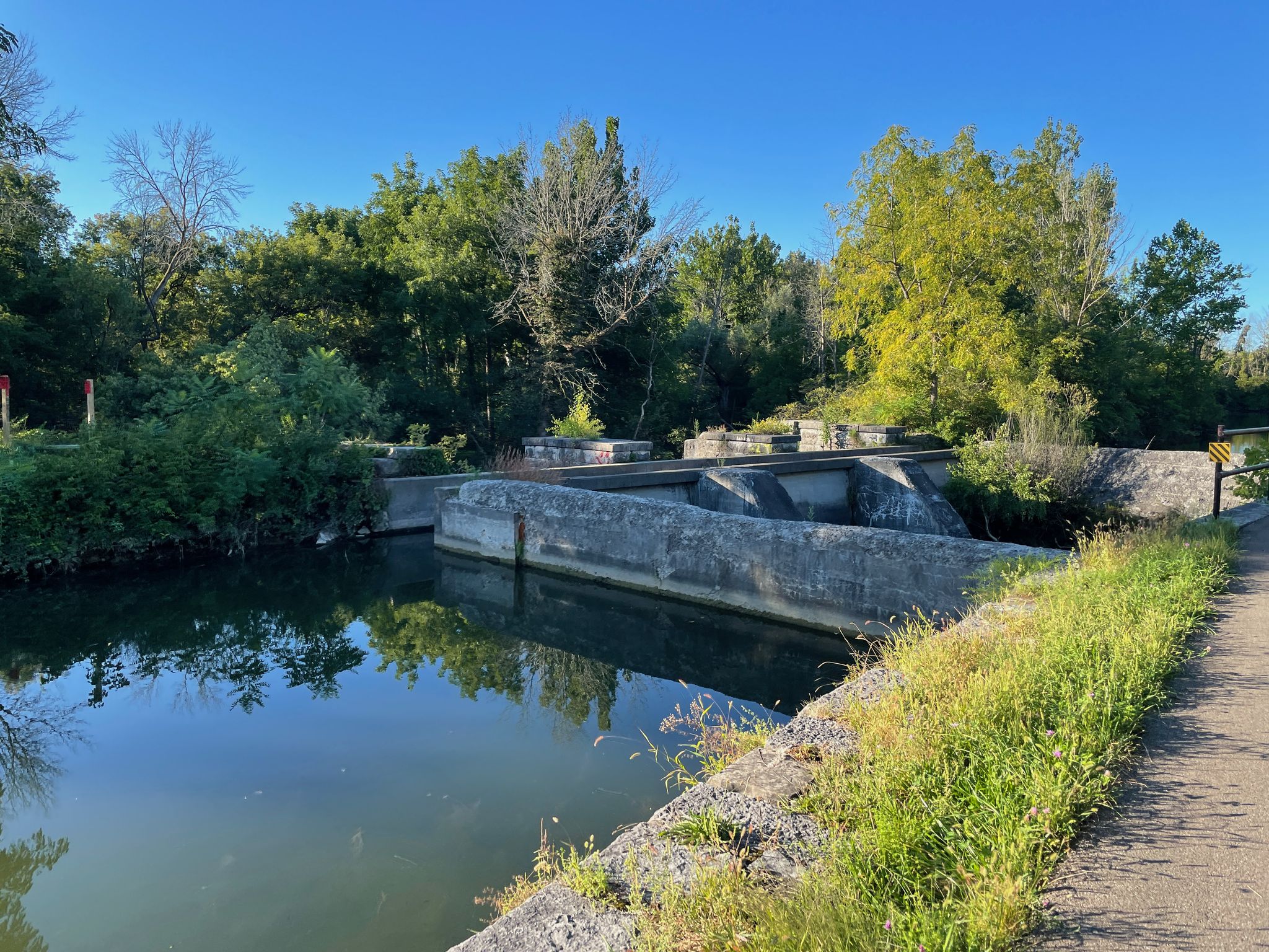 Calm water next to a concrete structure, green grass, and trees, sunny. - Erie Canalway Trail – Cedar Bay Park loop from DeWitt