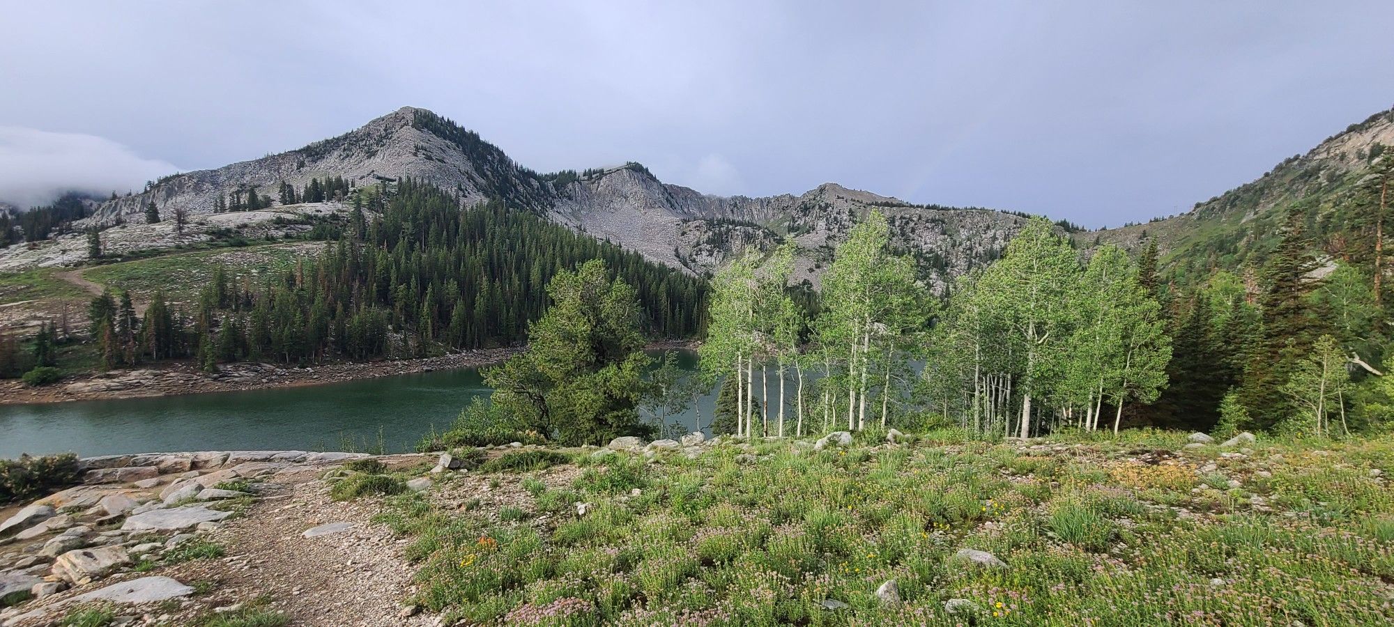 A mountain lake surrounded by forests and rocky peaks under a cloudy sky. - Alta-Brighton Lakes Loop