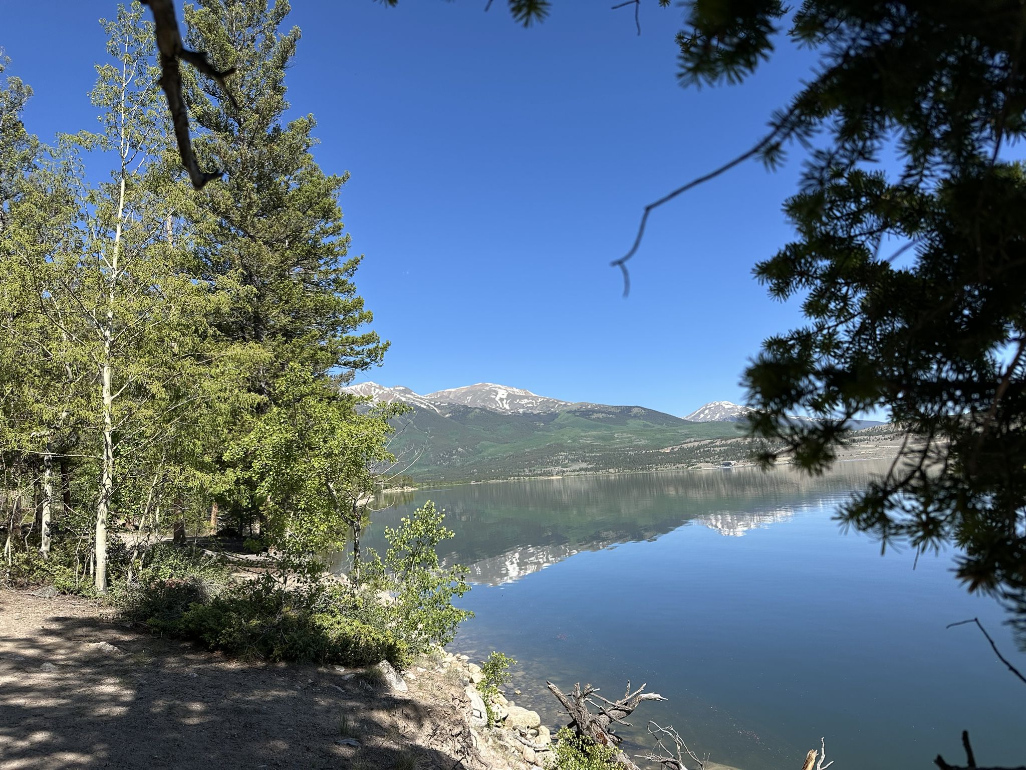 Calm lake reflecting distant snow-capped mountains, framed by green trees on a sunny day. - Twin Lakes loop from Sugarloaf Dam