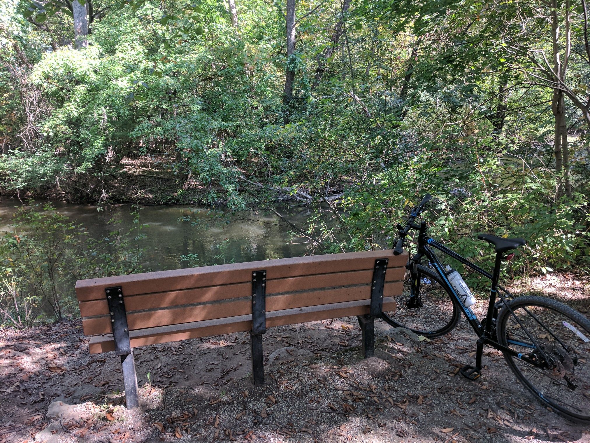 A bicycle leans next to a wooden bench by a calm, tree-lined river. - Dinosaur Hill Nature Preserve – Paint Creek Trail loop from Rochester