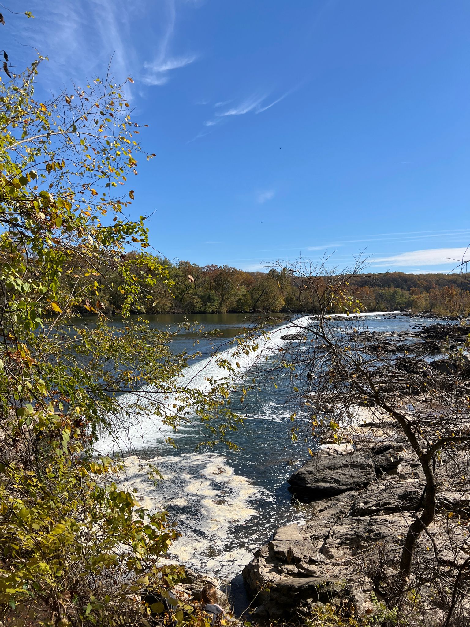 River flowing over a low dam, surrounded by trees with autumn foliage. - Potomac Heritage National Scenic Trail