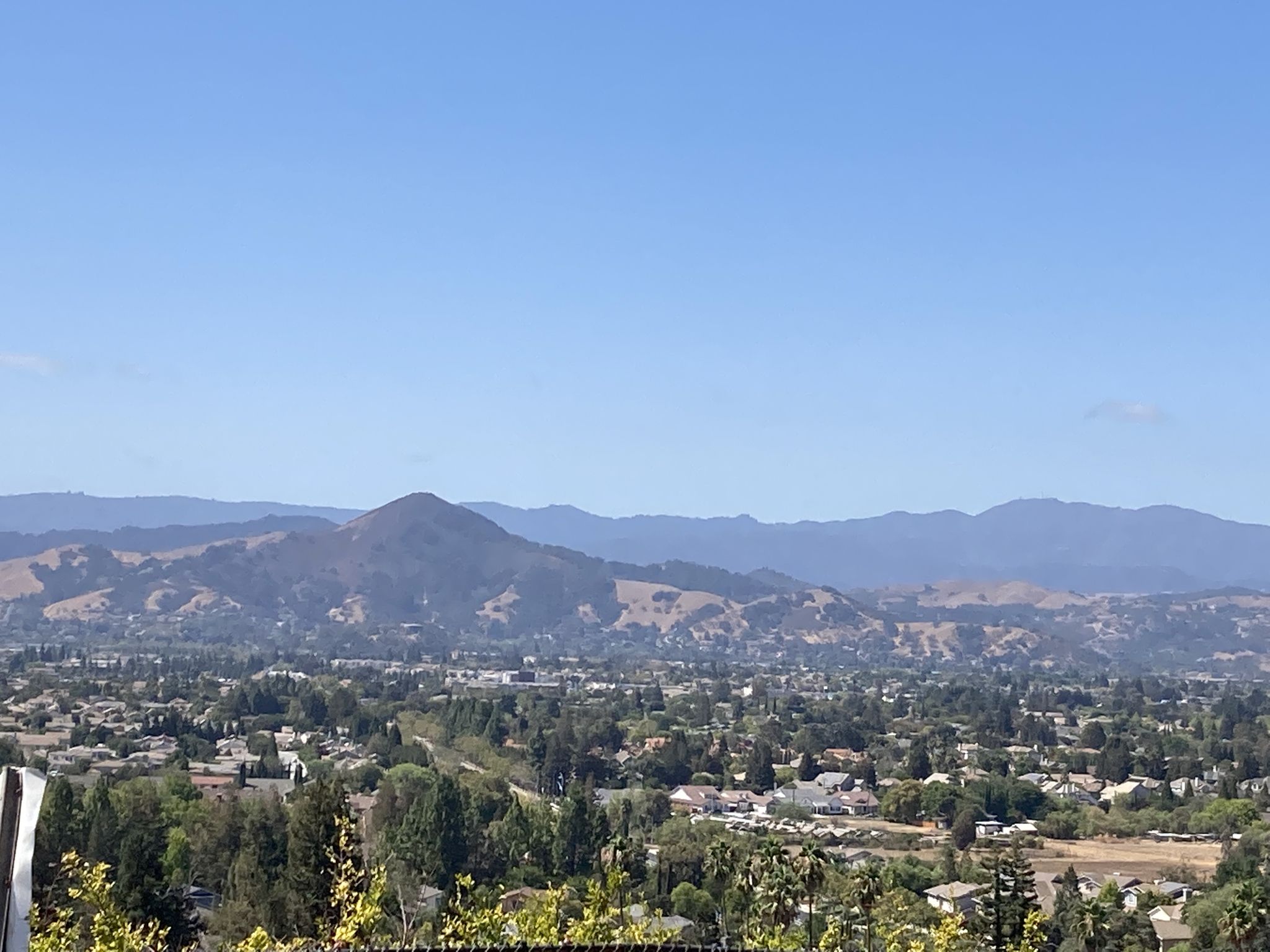 Panoramic view of a town nestled among green trees, with distant mountains. - East Dunne Avenue
