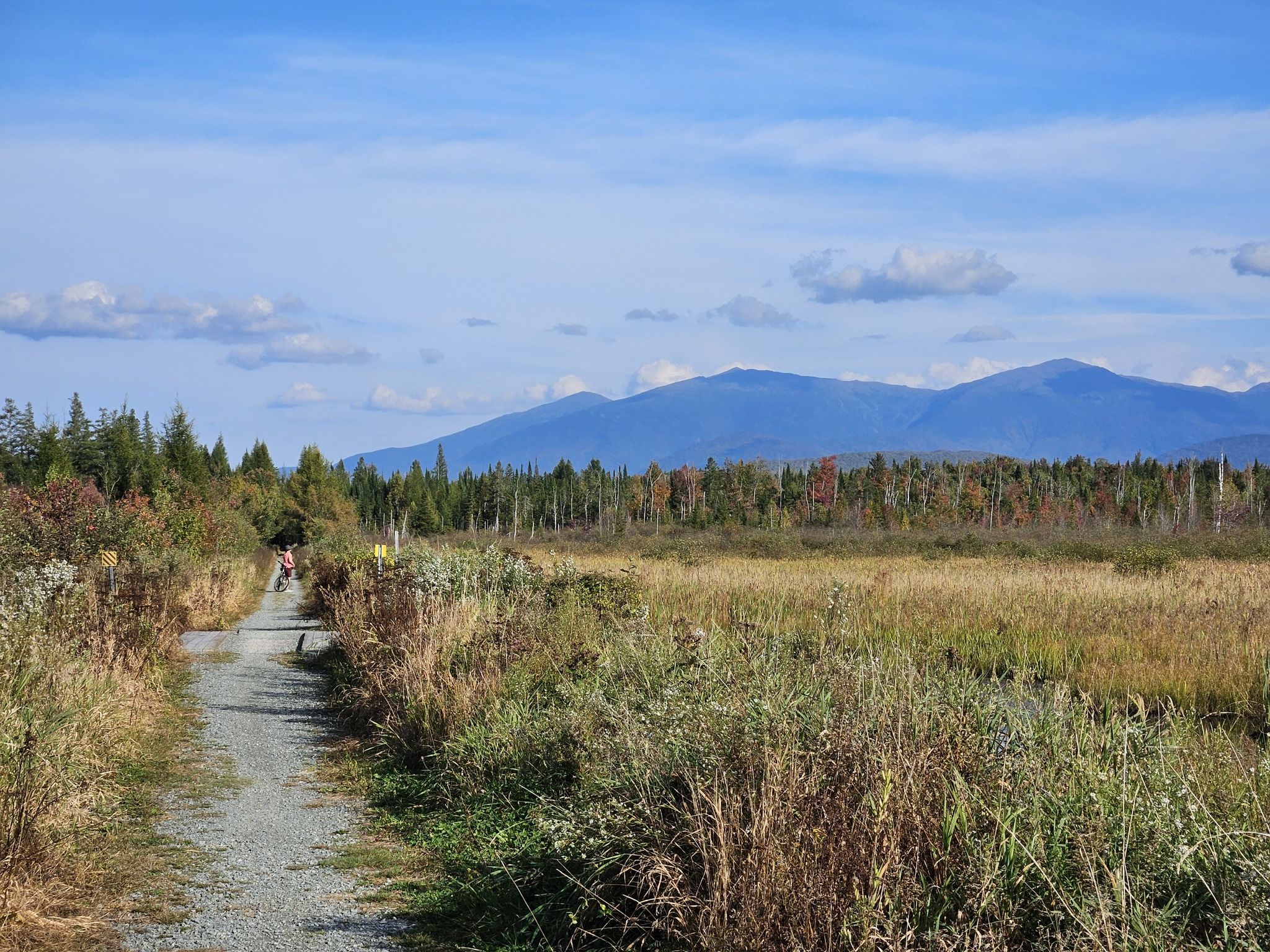 Gravel path through a grassy field with distant mountains under a blue sky. - Presidential Rail Trail Loop