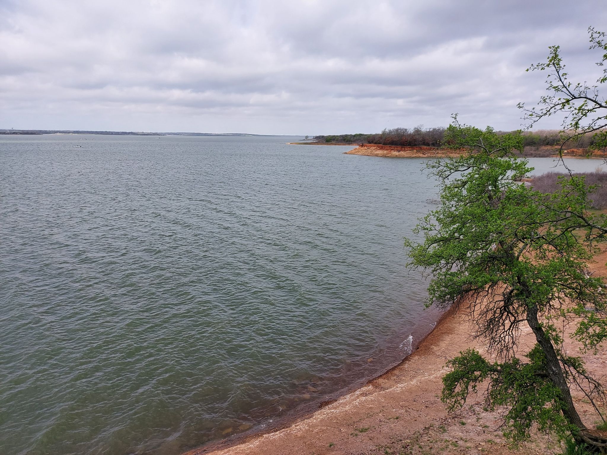 Wide view of a calm lake with a sandy shore and green trees. - Northshore Trail