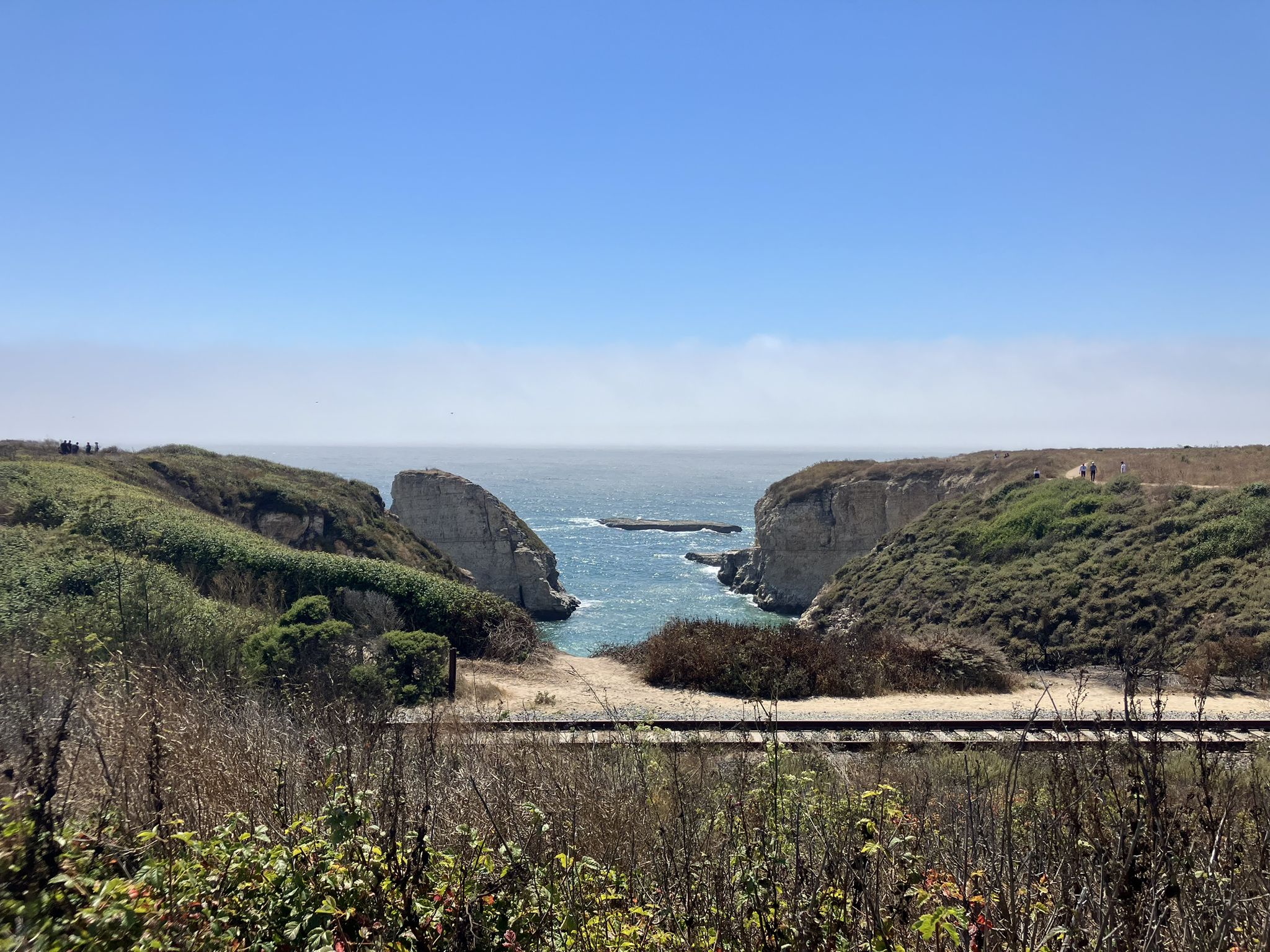 Coastal view with green hills, ocean, and railroad tracks on a clear day. - Swanton Pacific Ranch loop from Santa Cruz