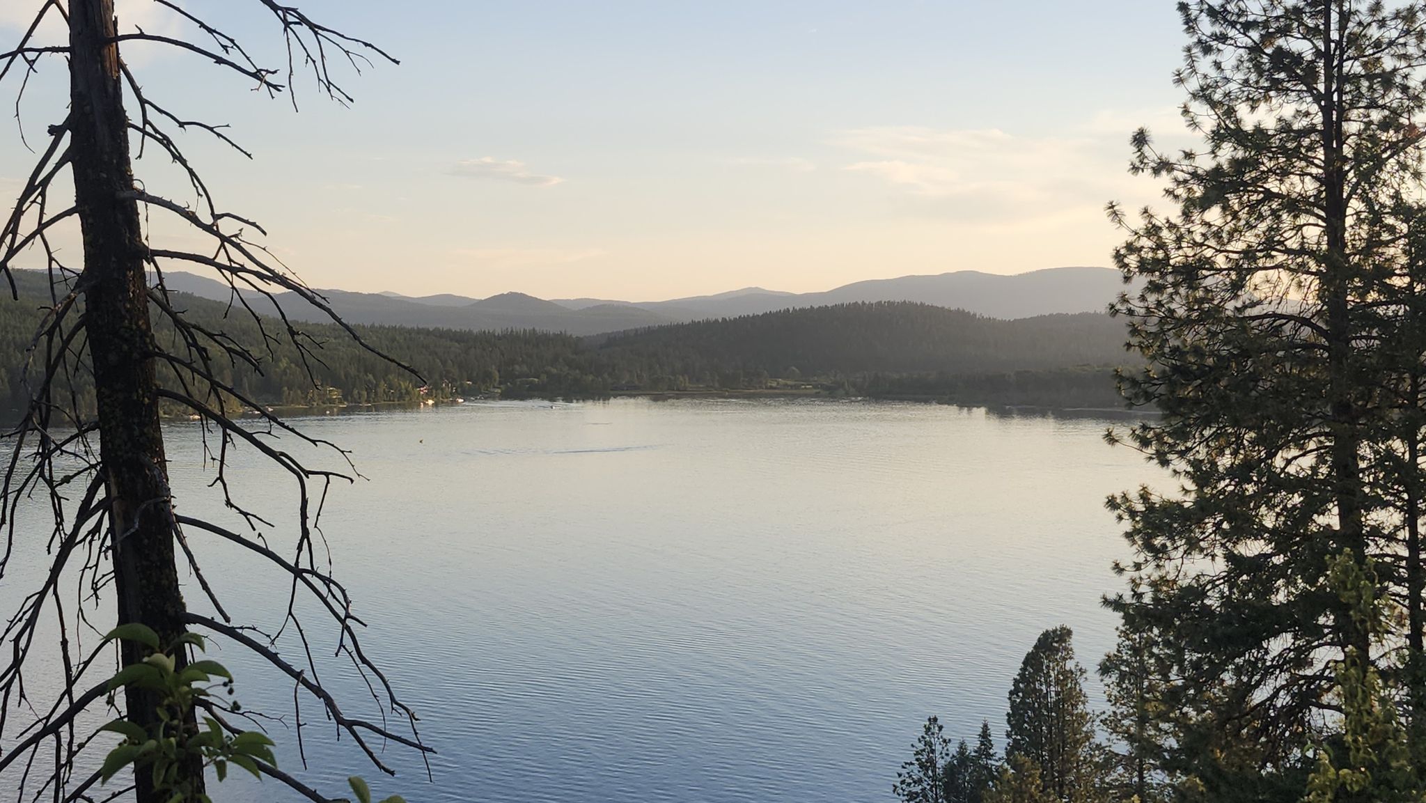Calm lake surrounded by forested hills under a soft evening sky. - Great Divide Mountain Bike Route