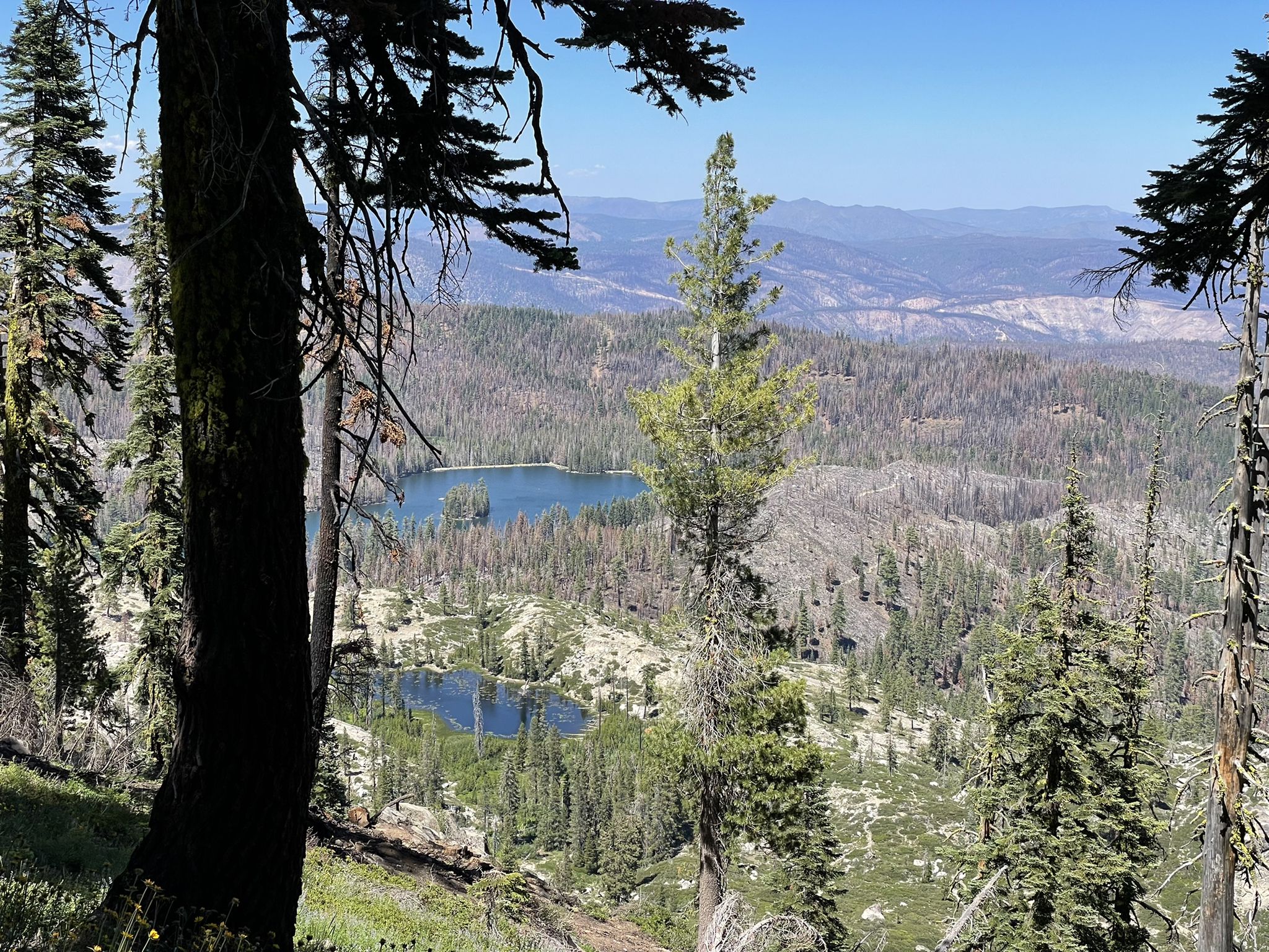 Panoramic view of two blue lakes nestled among pine forests and distant mountains. - Silver Lake to Spanish Peak Trail