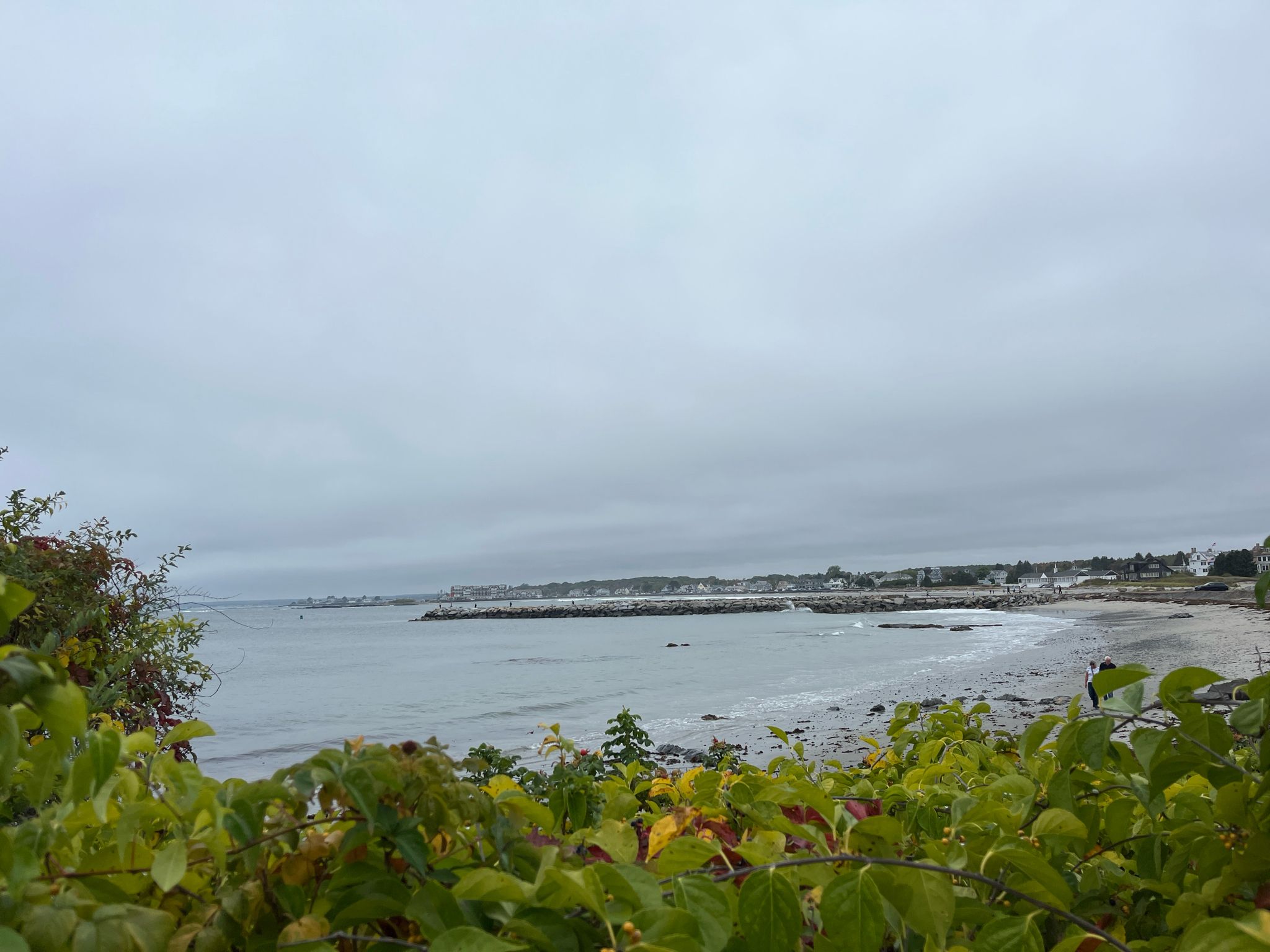 Overcast sky above a calm ocean bay with a distant town. - Parson's Way and Walker's Point Loop