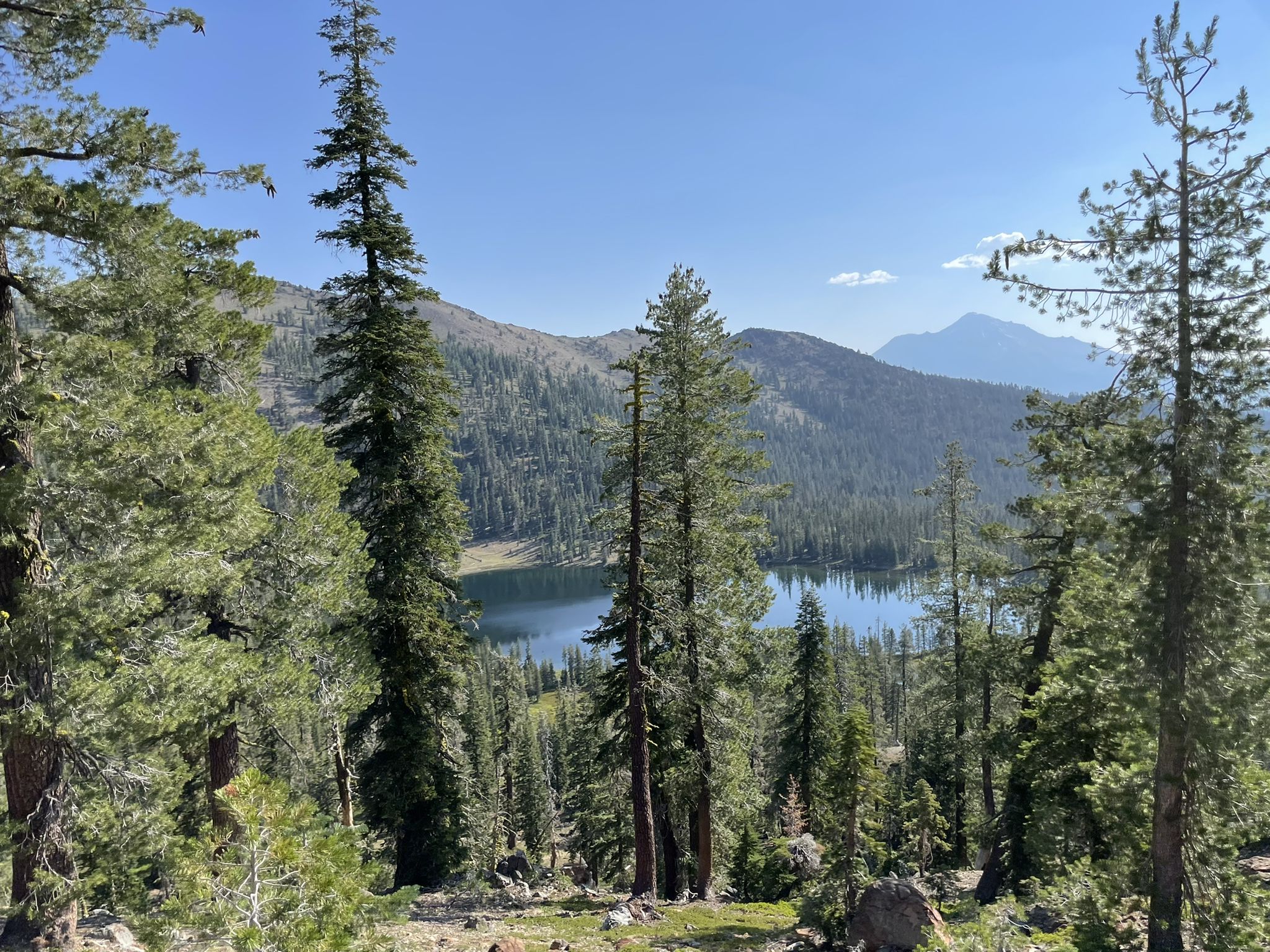 A clear blue lake nestled among dense green forests and distant mountains. - Mount Eddy and Deadfall Lakes Loop