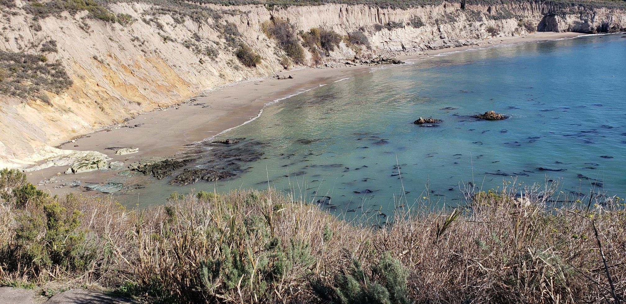 Sunny view of a secluded sandy beach with clear water and steep cliffs. - Shell Beach Bluff Trail
