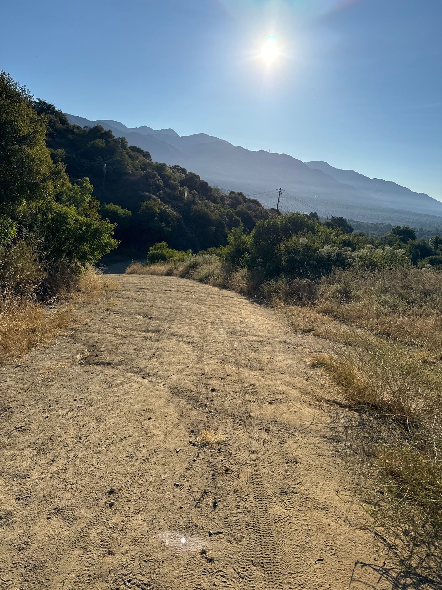 Sunny dirt path leads towards distant mountains, with bright sun overhead. - Cherry Canyon Park – Cherry Canyon Park loop from La Cañada Flintridge