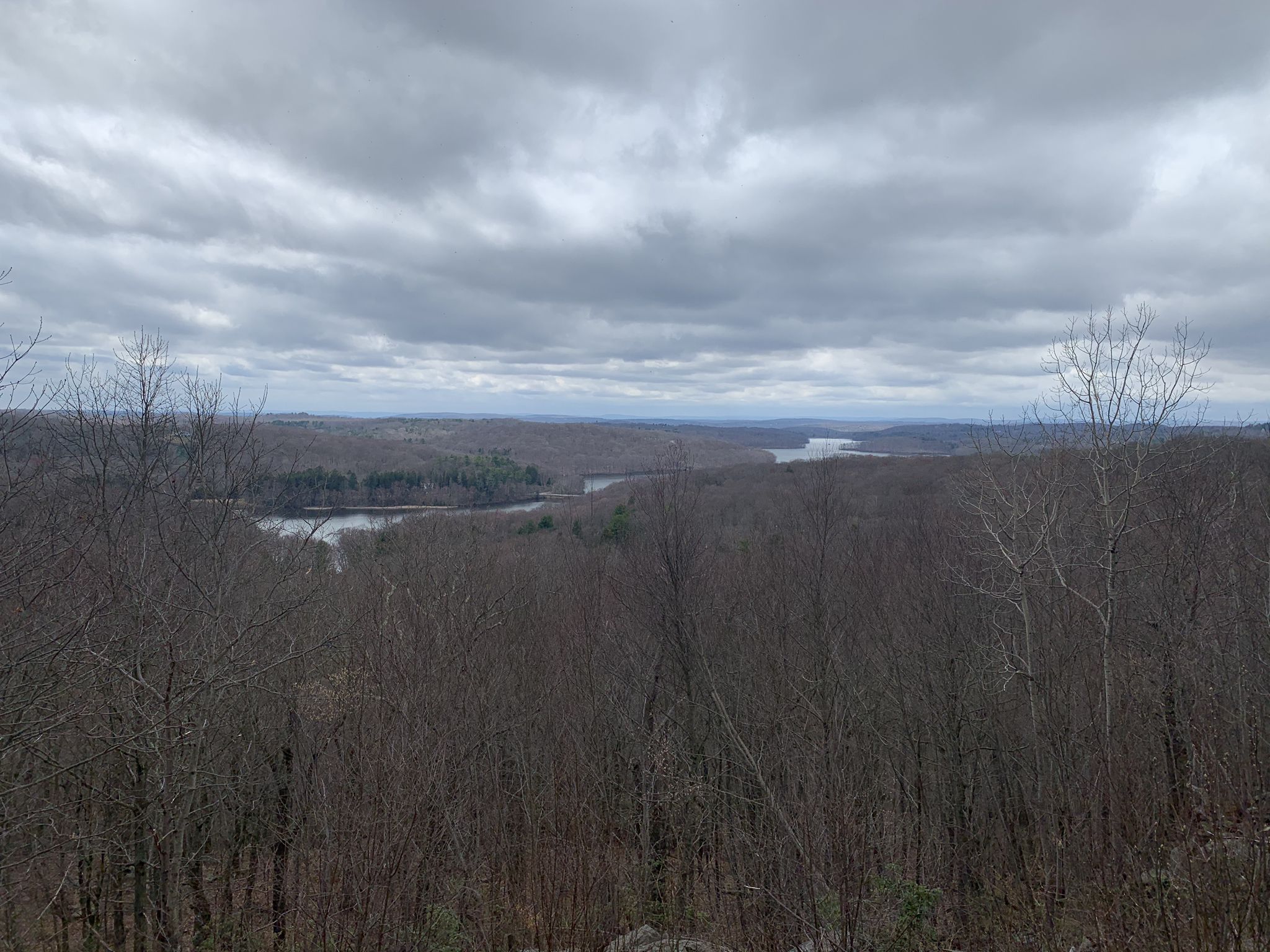 Panoramic view of a wide lake winding through bare winter forests under an overcast sky. - Leatherman's Loop Trail