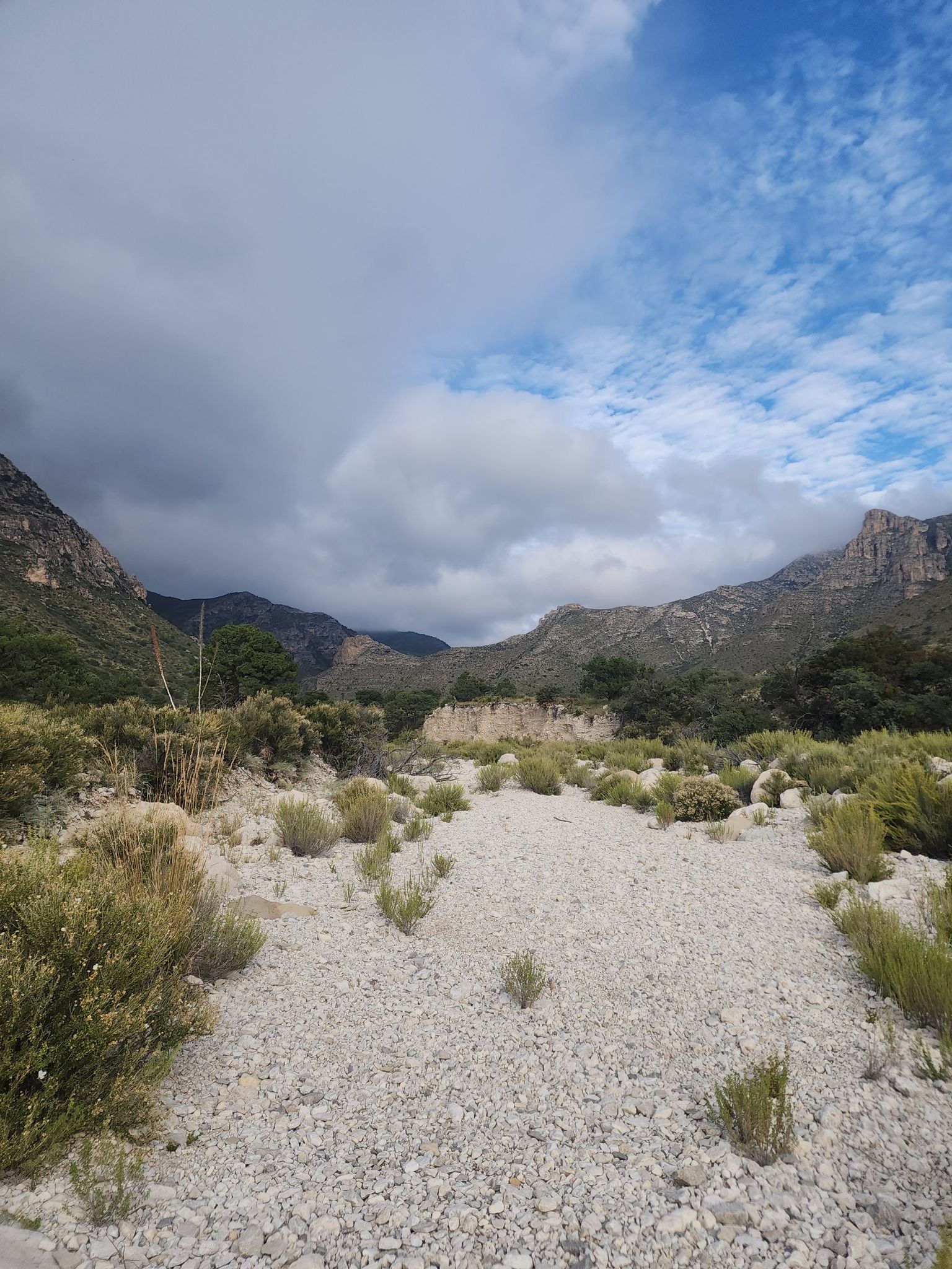 Gravel path leads through a desert valley towards distant mountains under cloudy skies. - Hunter Peak and The Bowl Loop