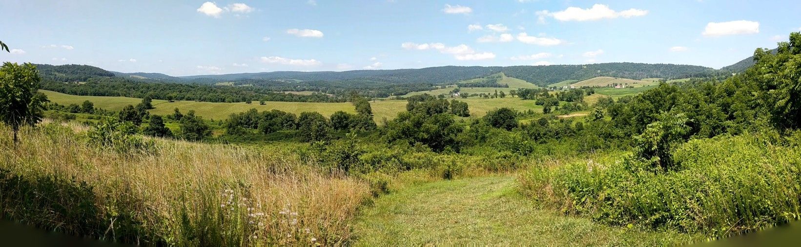 Panoramic view of a lush green valley under a bright, cloudy sky. - Rolling Meadows Trail