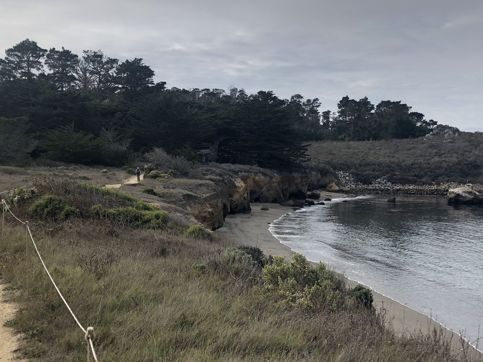 A dirt path with a rope fence leads to a small beach and calm bay under a gray sky. - China Cove Loop