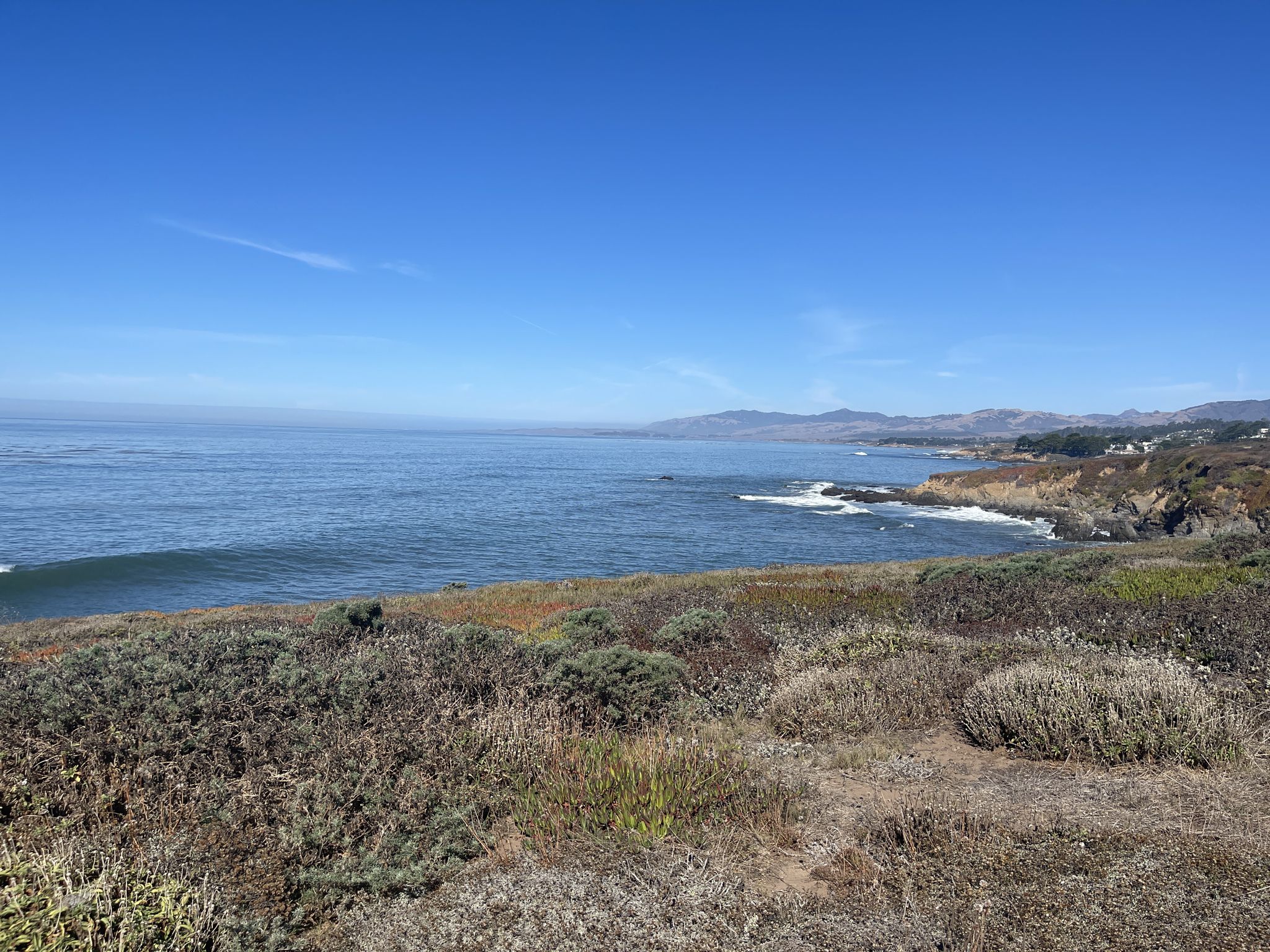Bright blue sky over a rocky coastline with waves and distant hills. - Fiscalini Ranch loop