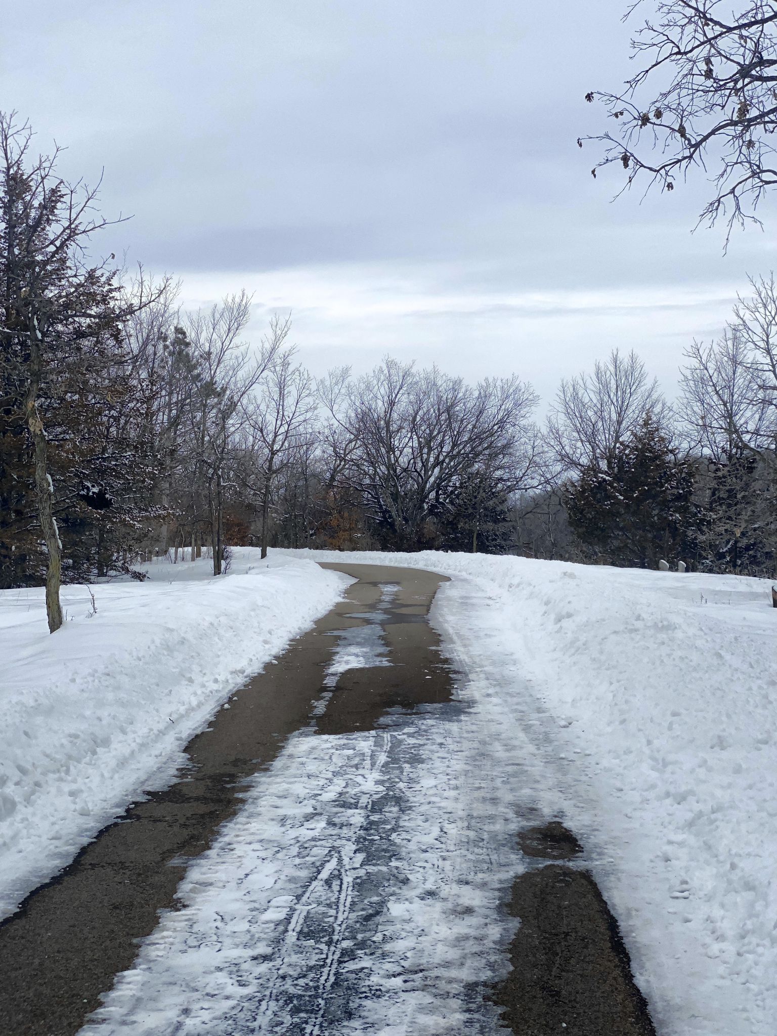 A partially cleared paved path through snow-covered winter landscape under an overcast sky. - Montissippi Park Loop