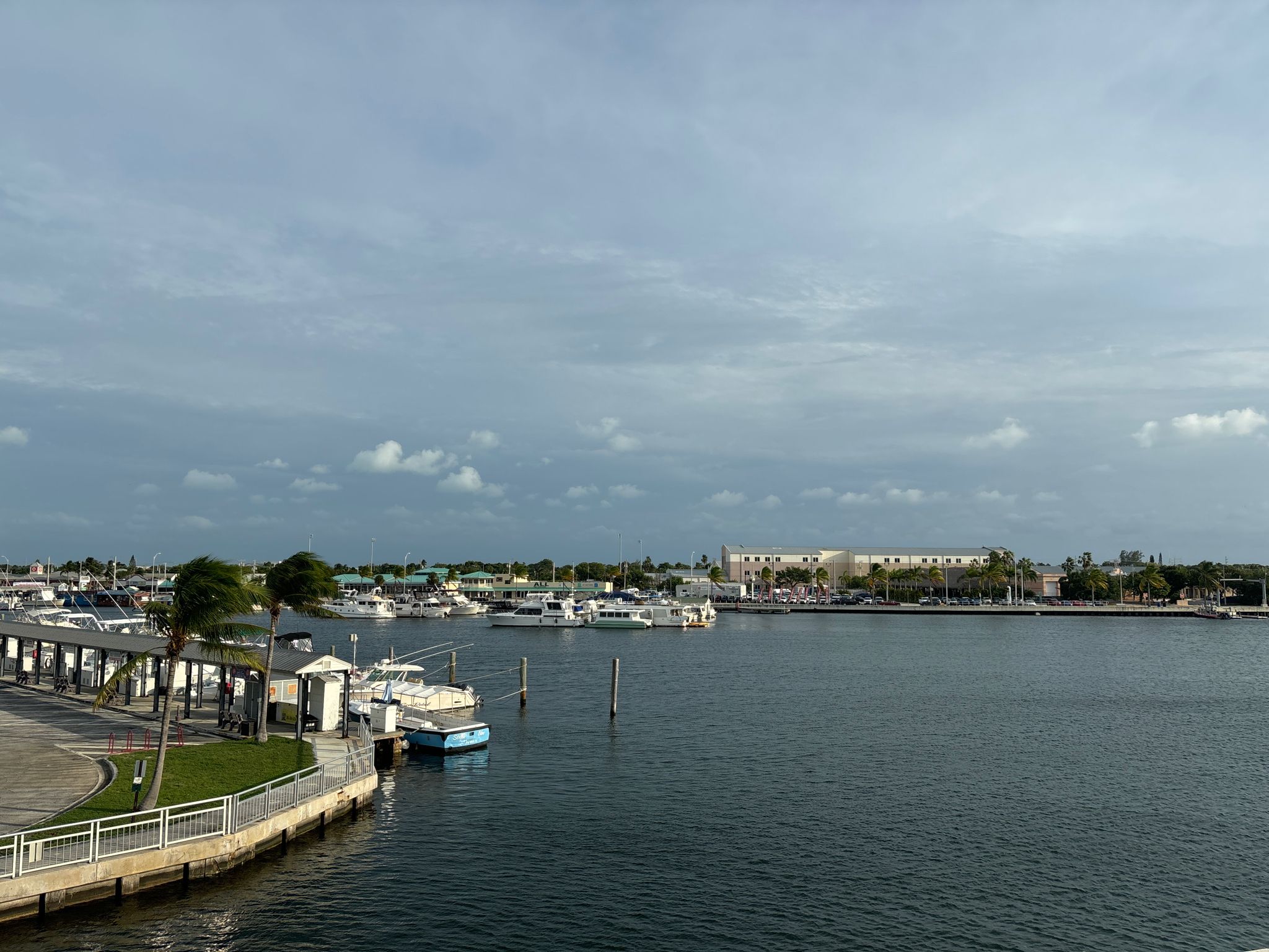 Marina with many boats docked, buildings in distance, under cloudy sky. - Boca Chica Beach loop from Key West