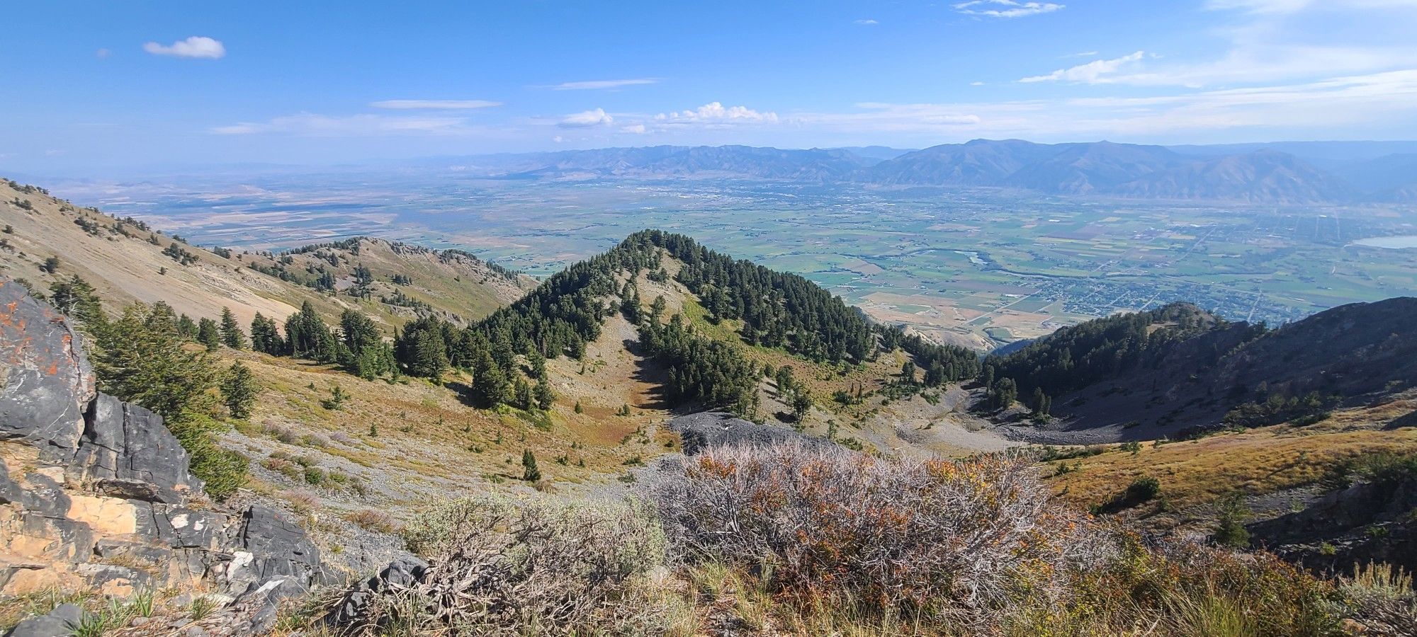 Sunny panoramic view of a tree-covered mountain peak overlooking a vast valley. - Wellsville Ridge Trail
