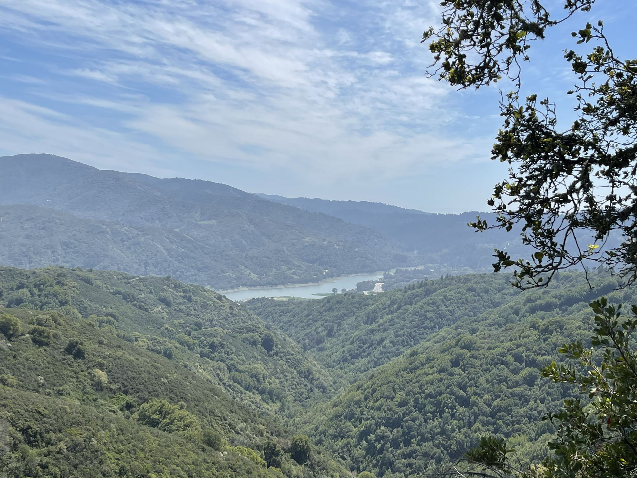 Lush green mountains and a valley with a winding body of water under a cloudy sky. - Bay Area Ridge Trail: El Sereno Loop