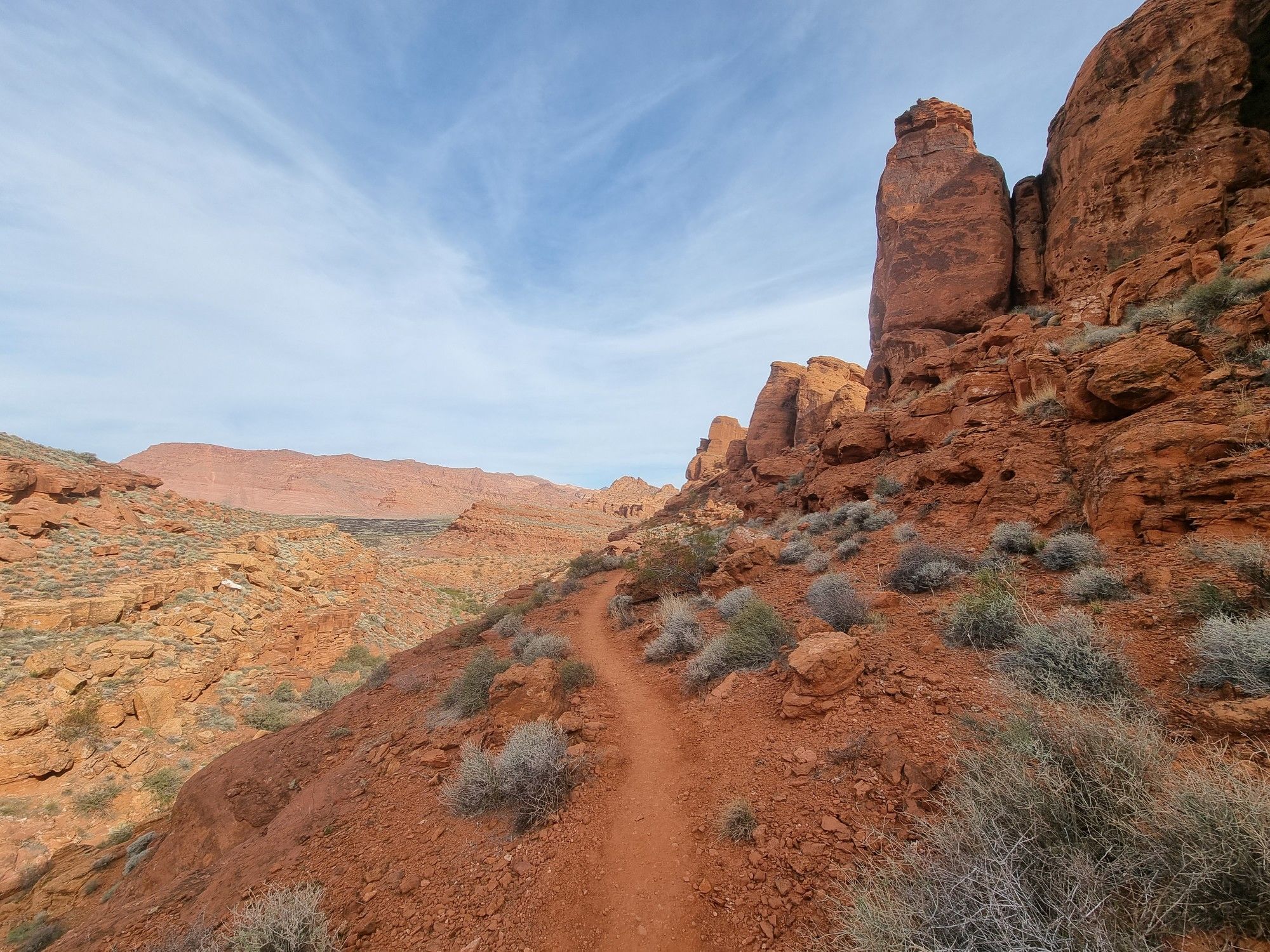 A winding dirt path ascends through a red rock desert with scattered bushes. - Scout Cave Trail