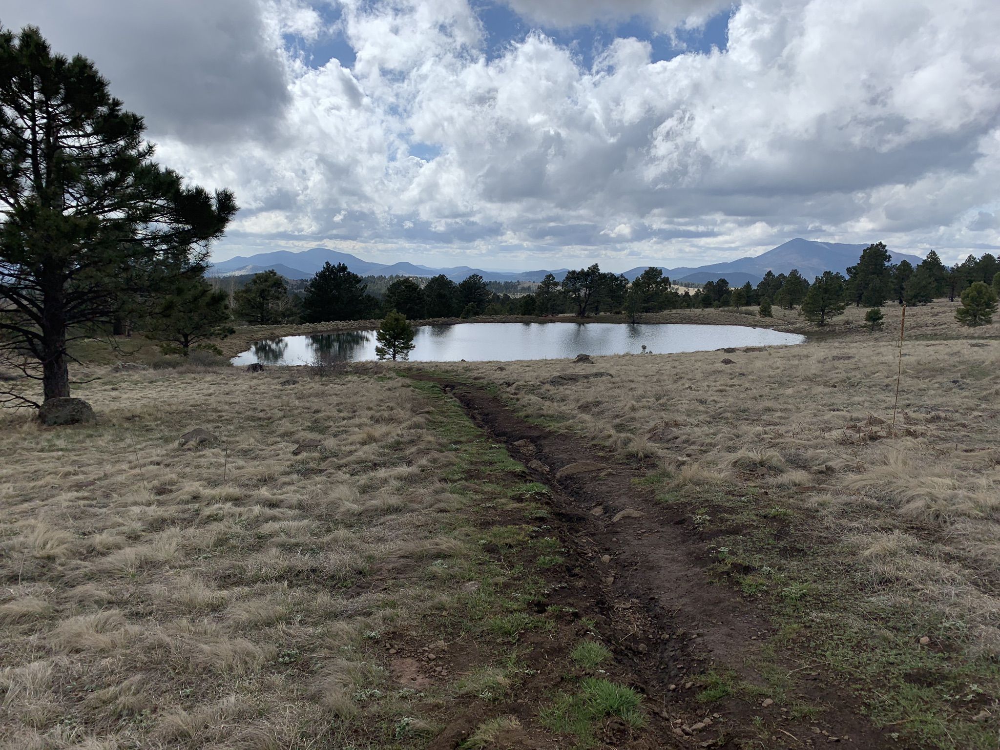 Dirt path leads to a calm pond surrounded by dry grass and mountains. - Arizona Trail Intersection – Alfa Fia Tank loop from Moto Trail