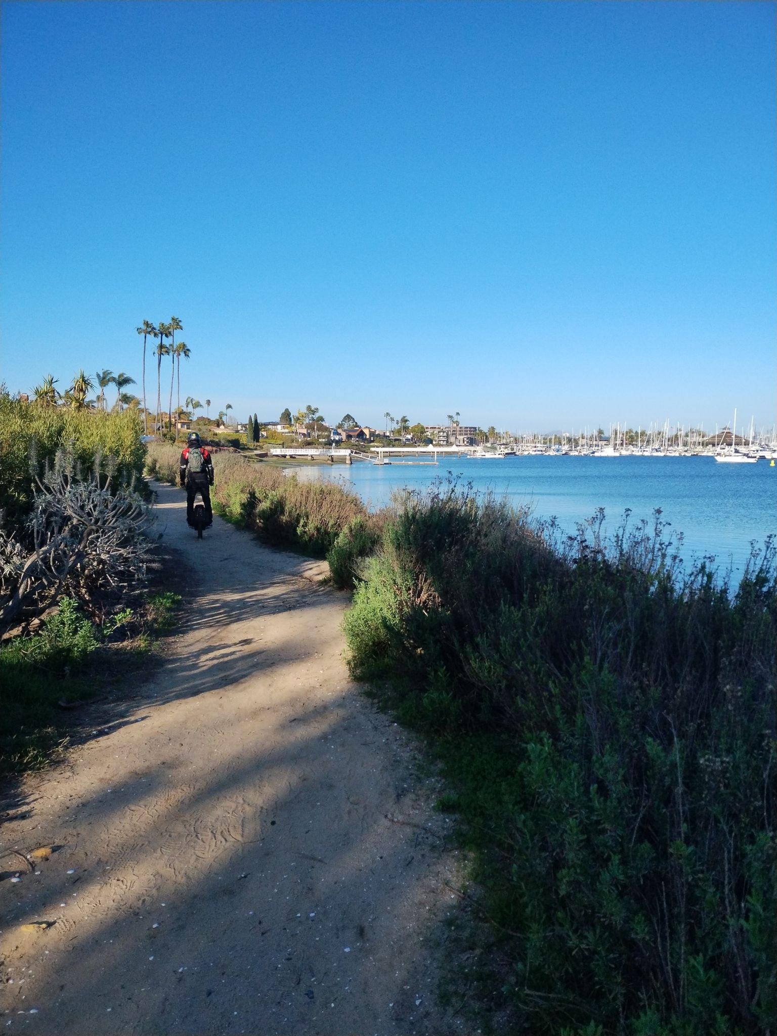 Person walks on a sunny dirt path beside calm water with boats. - Yokohama Friendship Bell & Bessemer Beach loop
