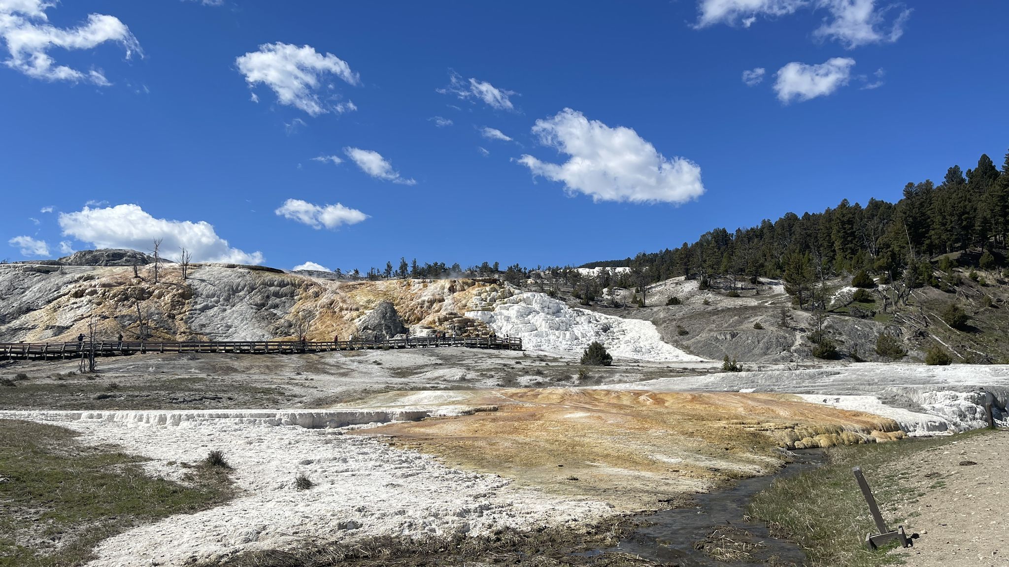 Colorful terraced hot springs under a bright blue sky with white clouds. - Beaver Ponds Loop Trail