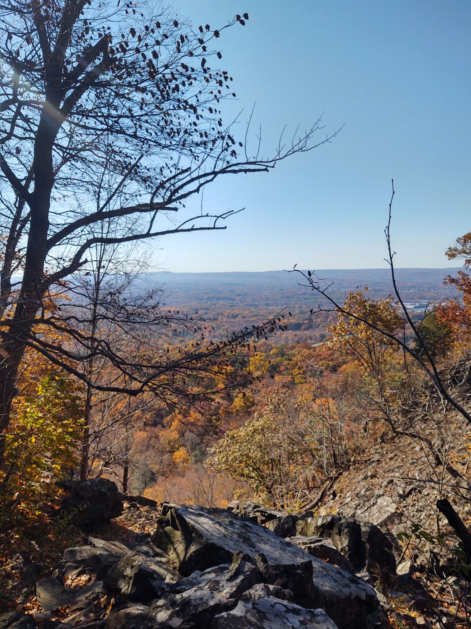 Rocky foreground overlooking a vast autumn forest under a bright blue sky. - Hartford View Trail