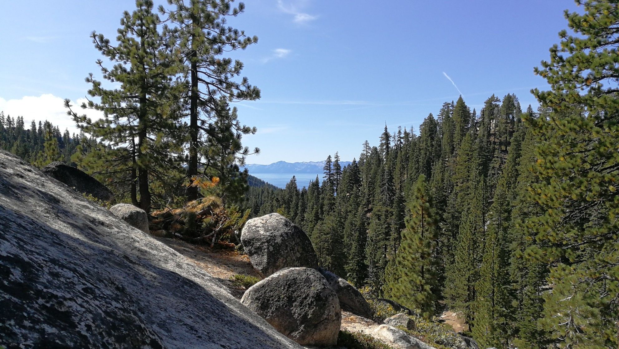 Rocky hillside overlooking a dense pine forest and a distant blue lake. - Tyrolean Downhill and Incline Flume Loop