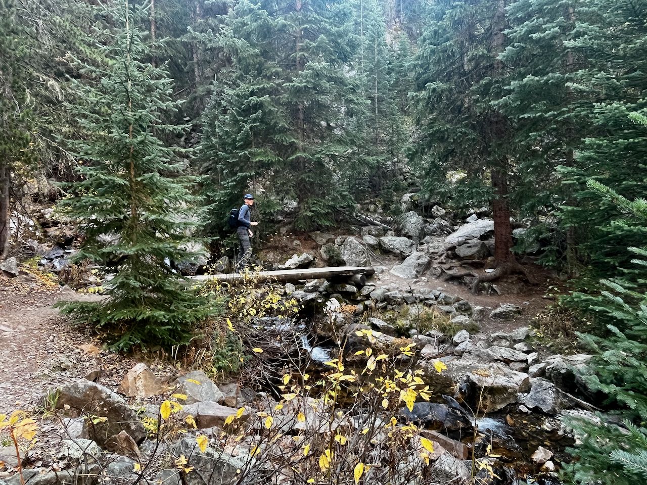 A hiker crosses a small wooden bridge over a stream in a rocky forest. - Timber Lake Trail