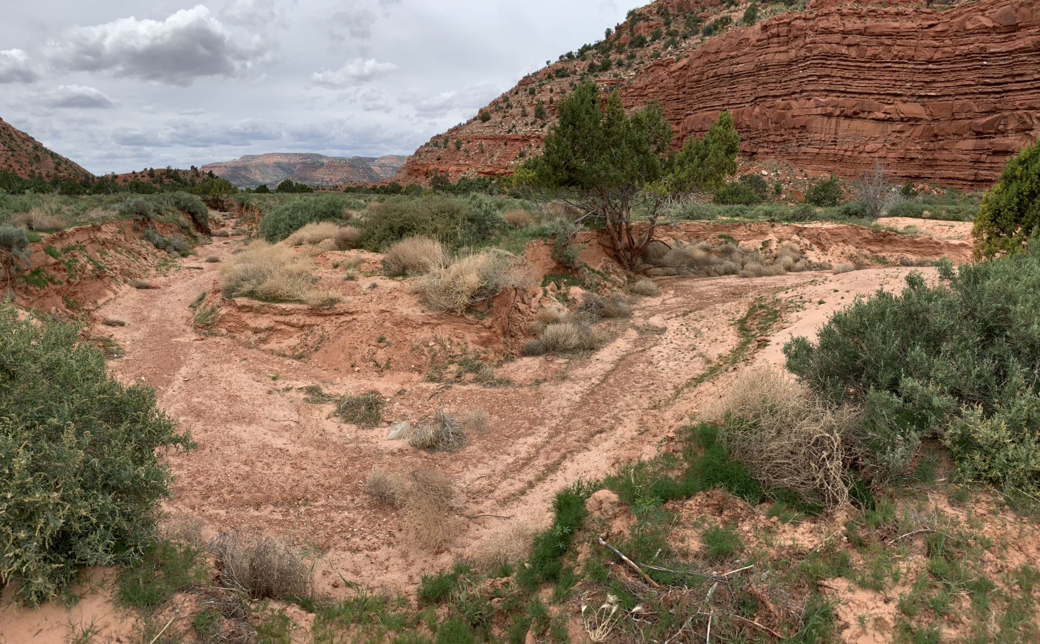 Dry red wash winding through arid landscape under cloudy sky. - Cliffs Trail – Kanab View Boulder loop from Kanab
