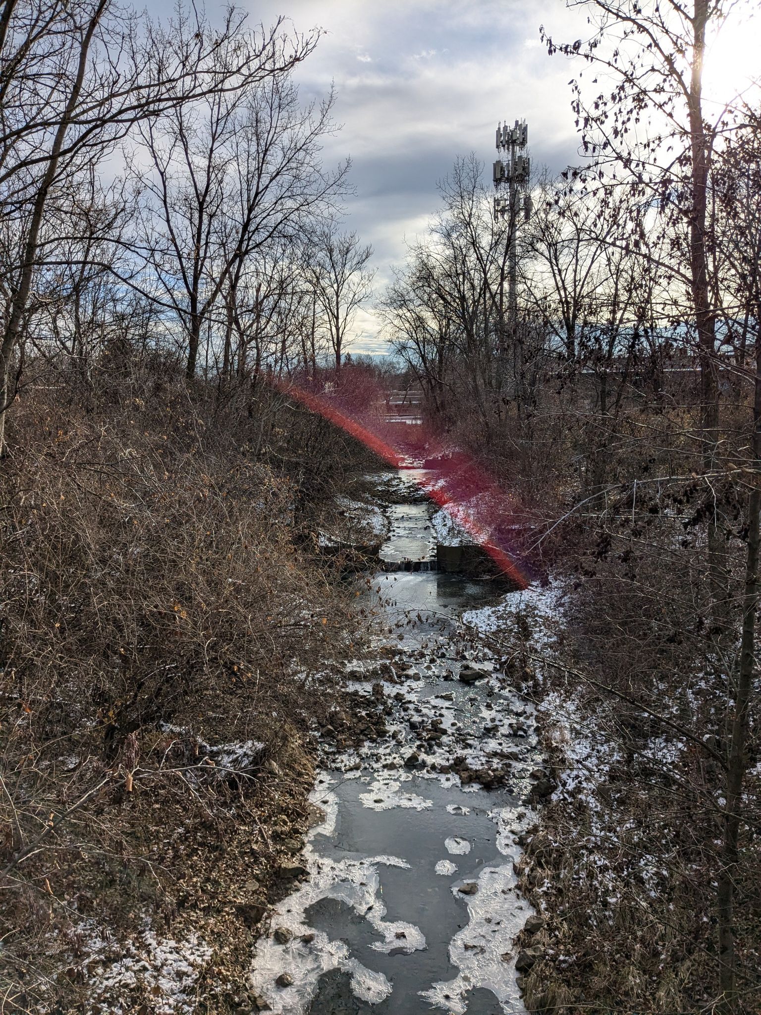 A narrow, icy stream flows through a winter landscape with bare trees. - Cal-Sag Channel – Cal-Sag Trail loop from Chicago Ridge