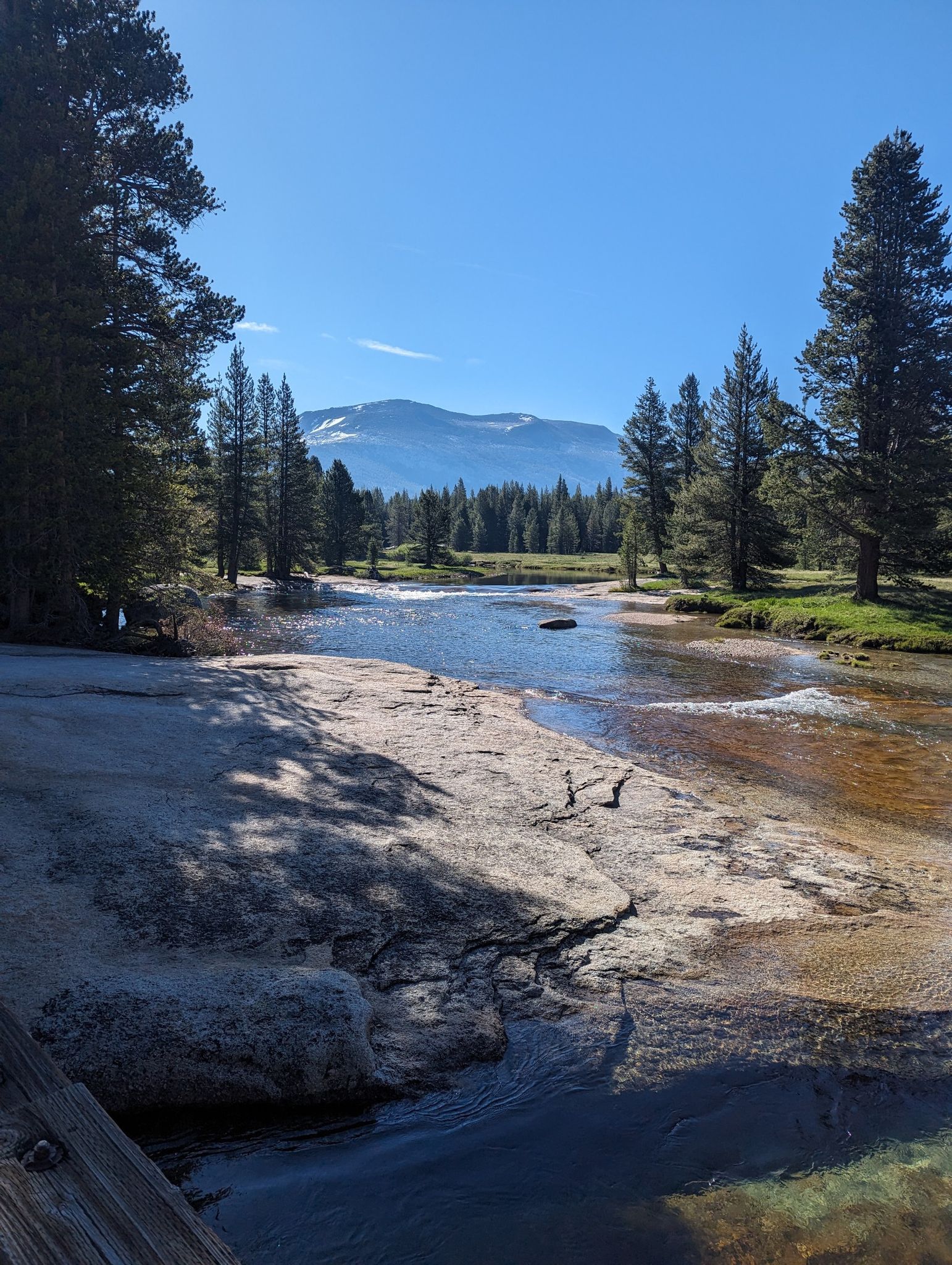 Wide river flows past granite banks, with distant mountains under a clear sky. - Tuolumne Meadow – Lyell Fork Valley loop from Parsons Memorial Lodge