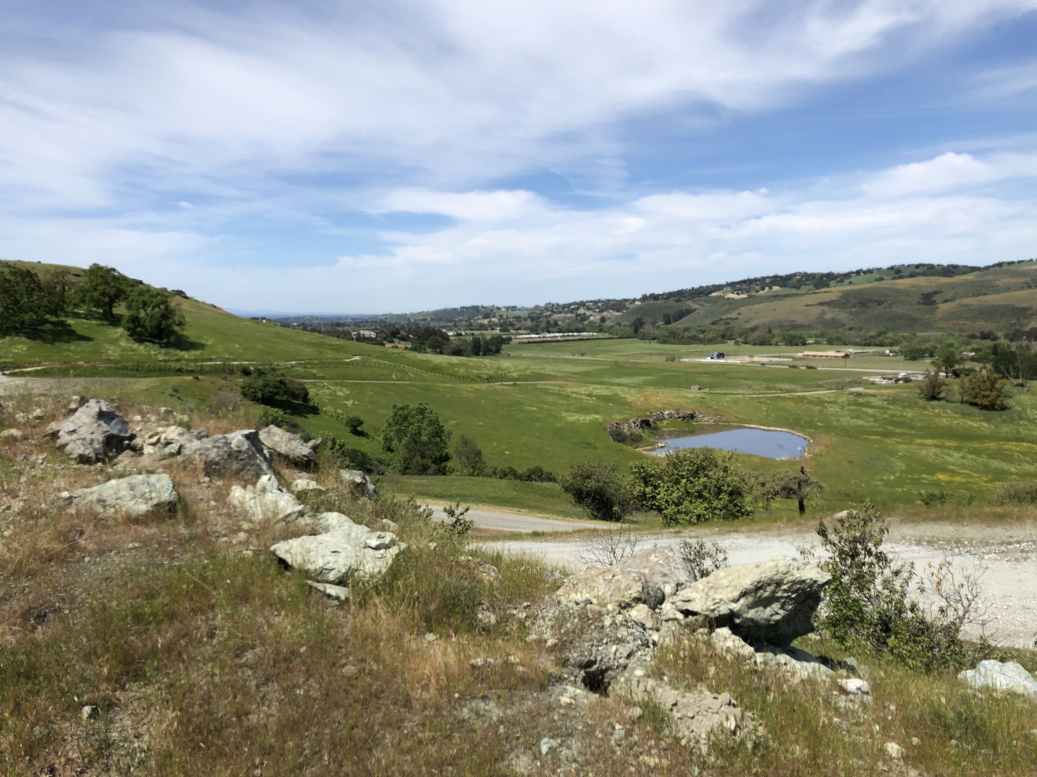 Expansive green valley with a small pond and dirt road under a bright sky. - Lisa Killough and Cottle Trail Loop