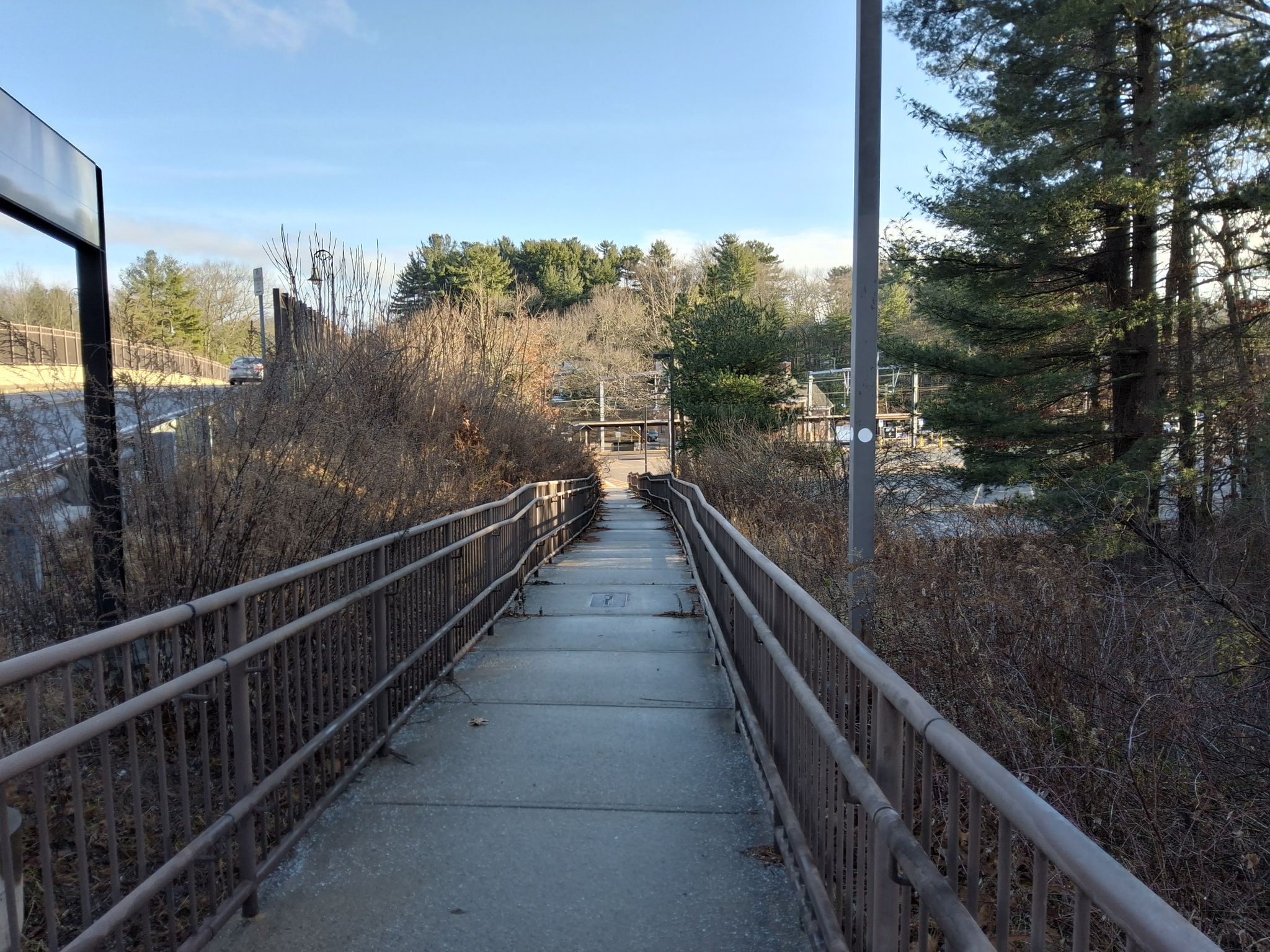 Elevated metal pedestrian walkway leading into a wooded area on a sunny day. - Moose Hill Reservation – Lake Massapoag loop from Quail Ridge Conservation Area