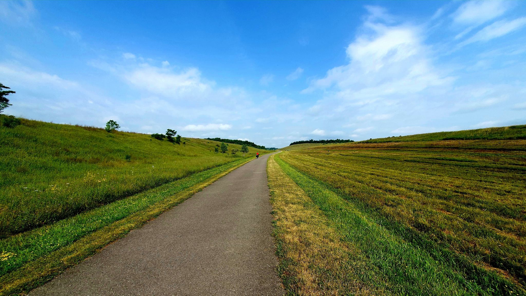 Paved path through vast green and golden fields under a bright blue sky. - Panhandle Trail – Cherry Valley Reservoir loop from Cecil Township