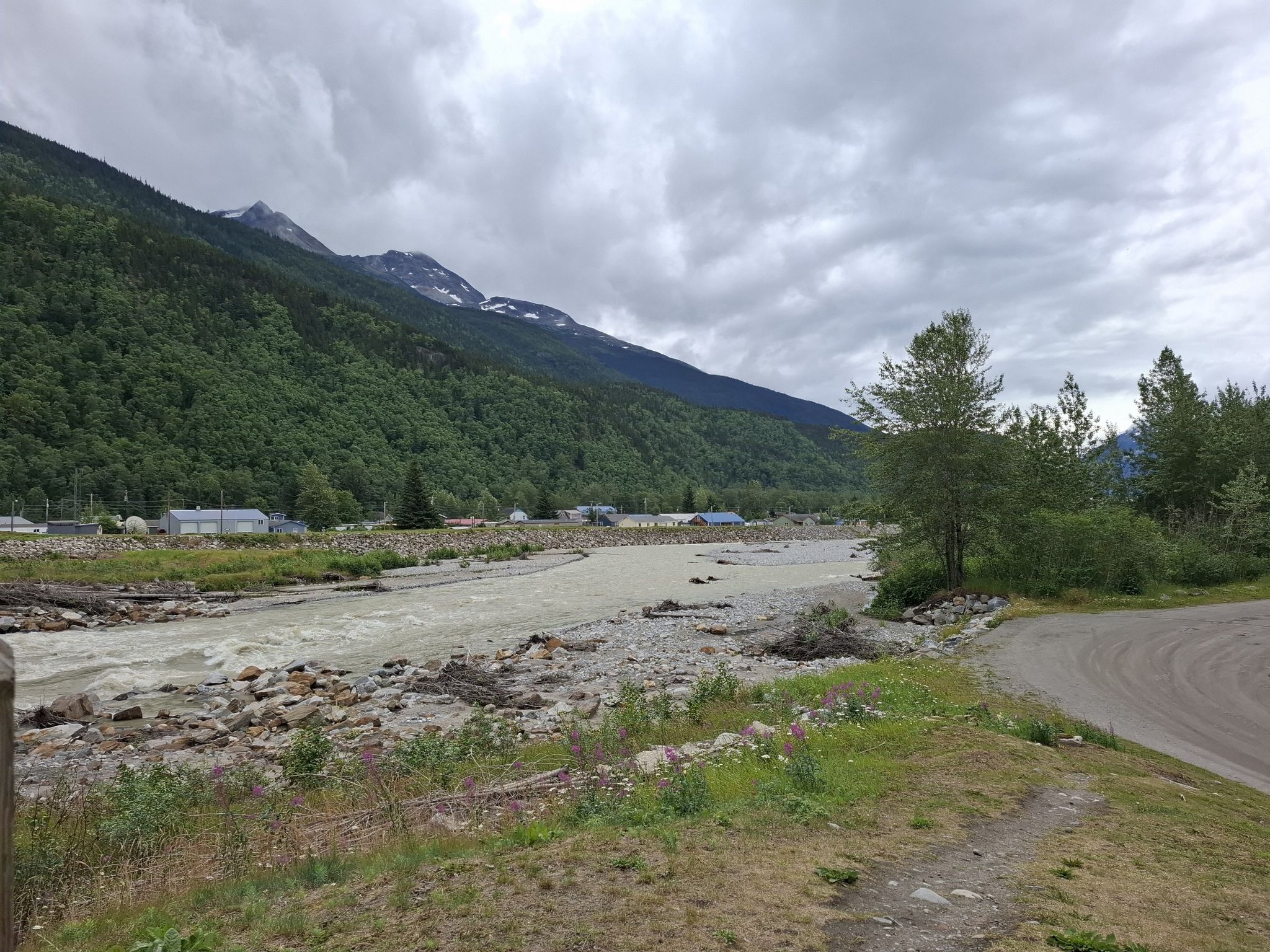 Muddy river flows past forested mountains and small buildings under cloudy sky. - Skagway to White Pass