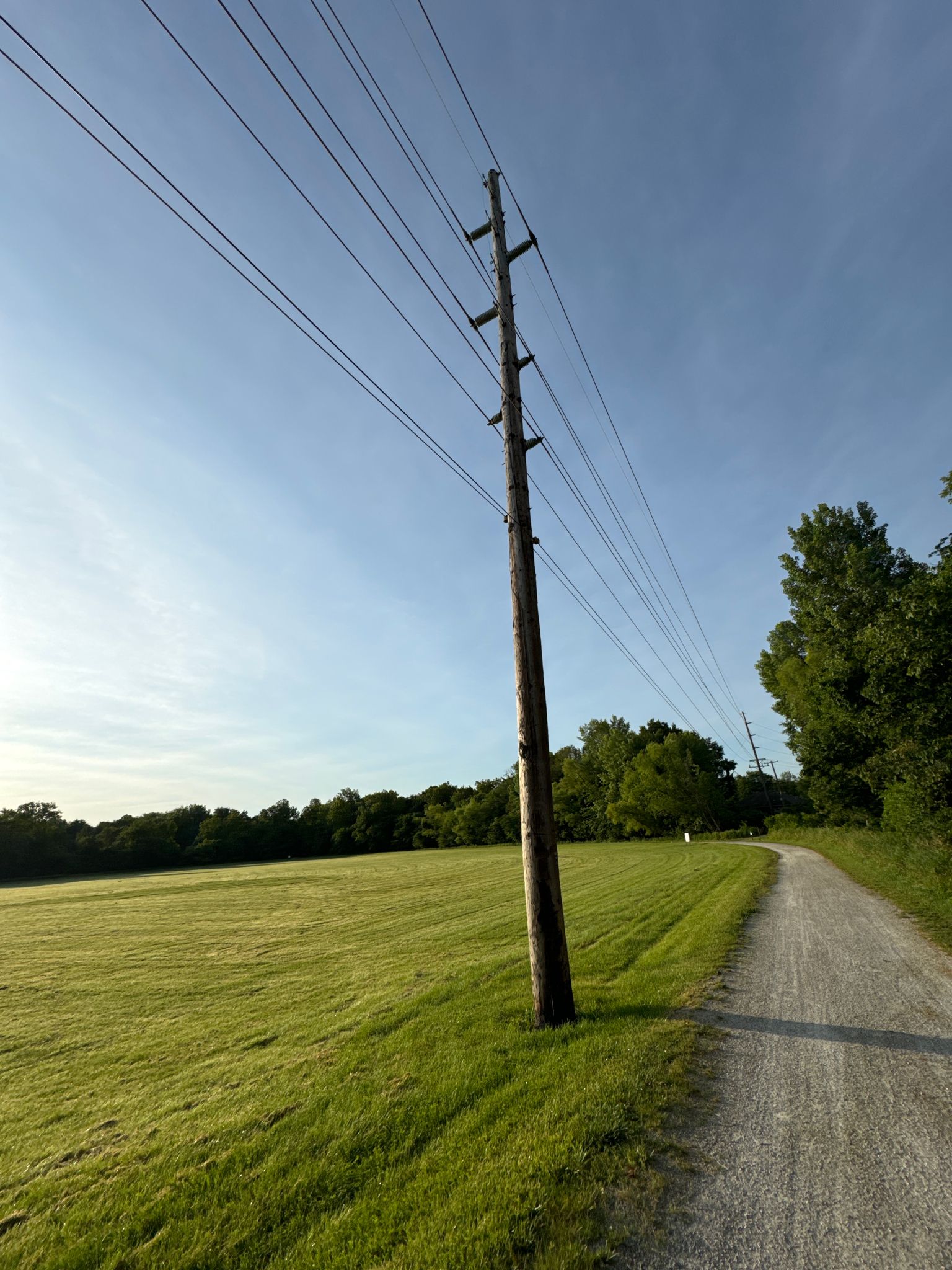 A power pole stands beside a dirt path and green field under a clear sky. - Grindstone Nature Area loop from Mizzou Arena