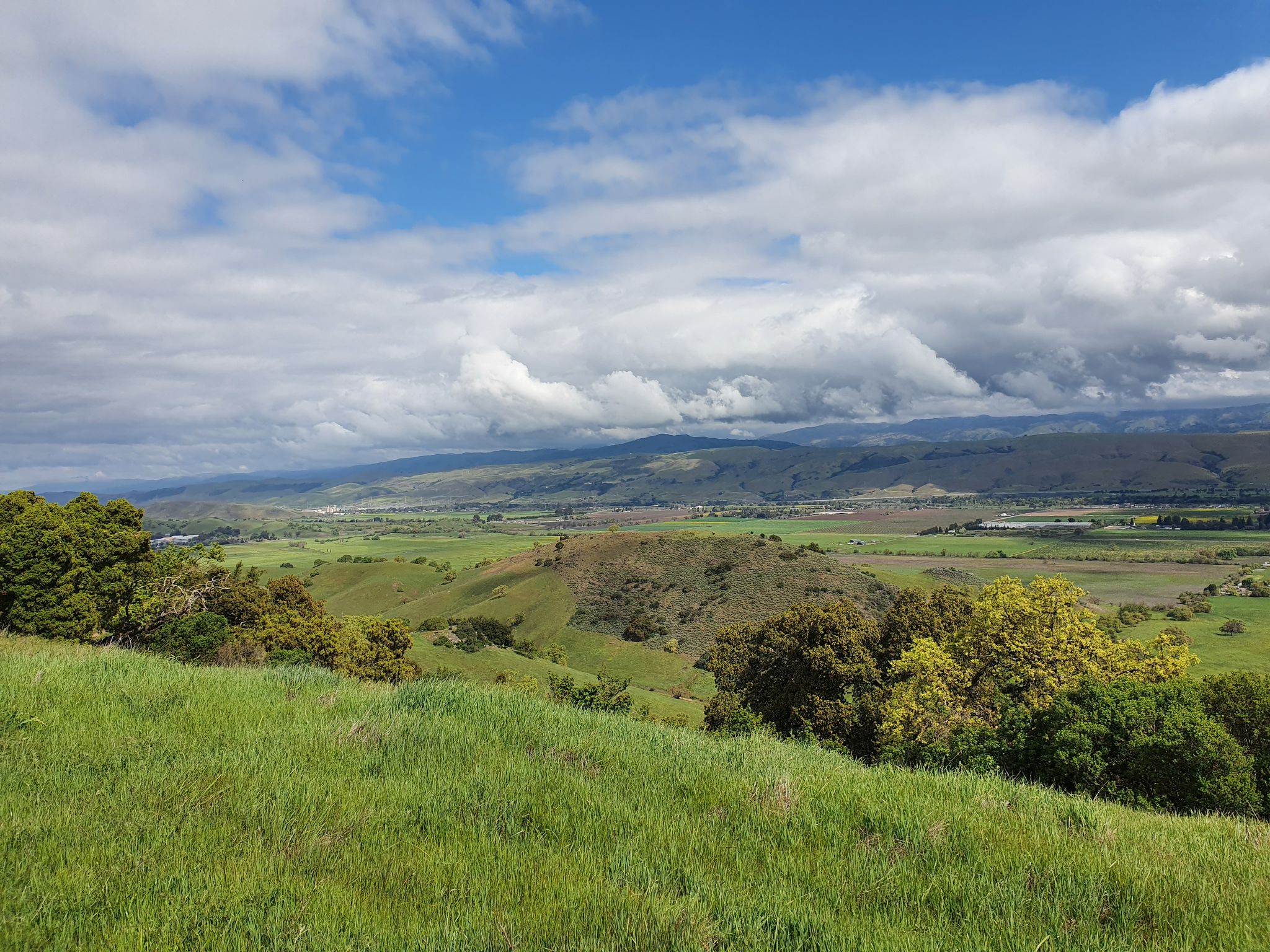 Green rolling hills and valley under a bright, partly cloudy sky. - Arrowhead Loop Trail