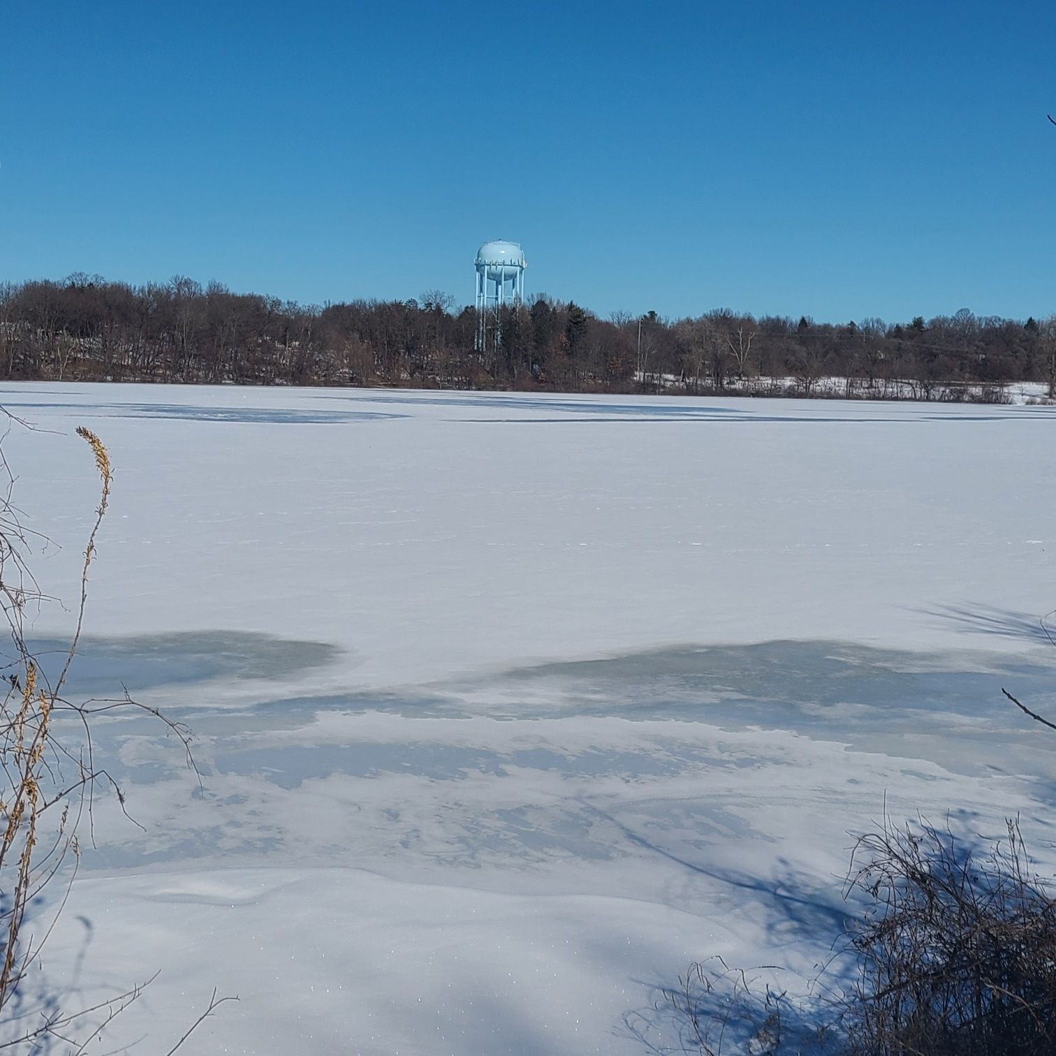 Frozen lake under a clear blue sky with a distant water tower. - Spring Valley Park Trail