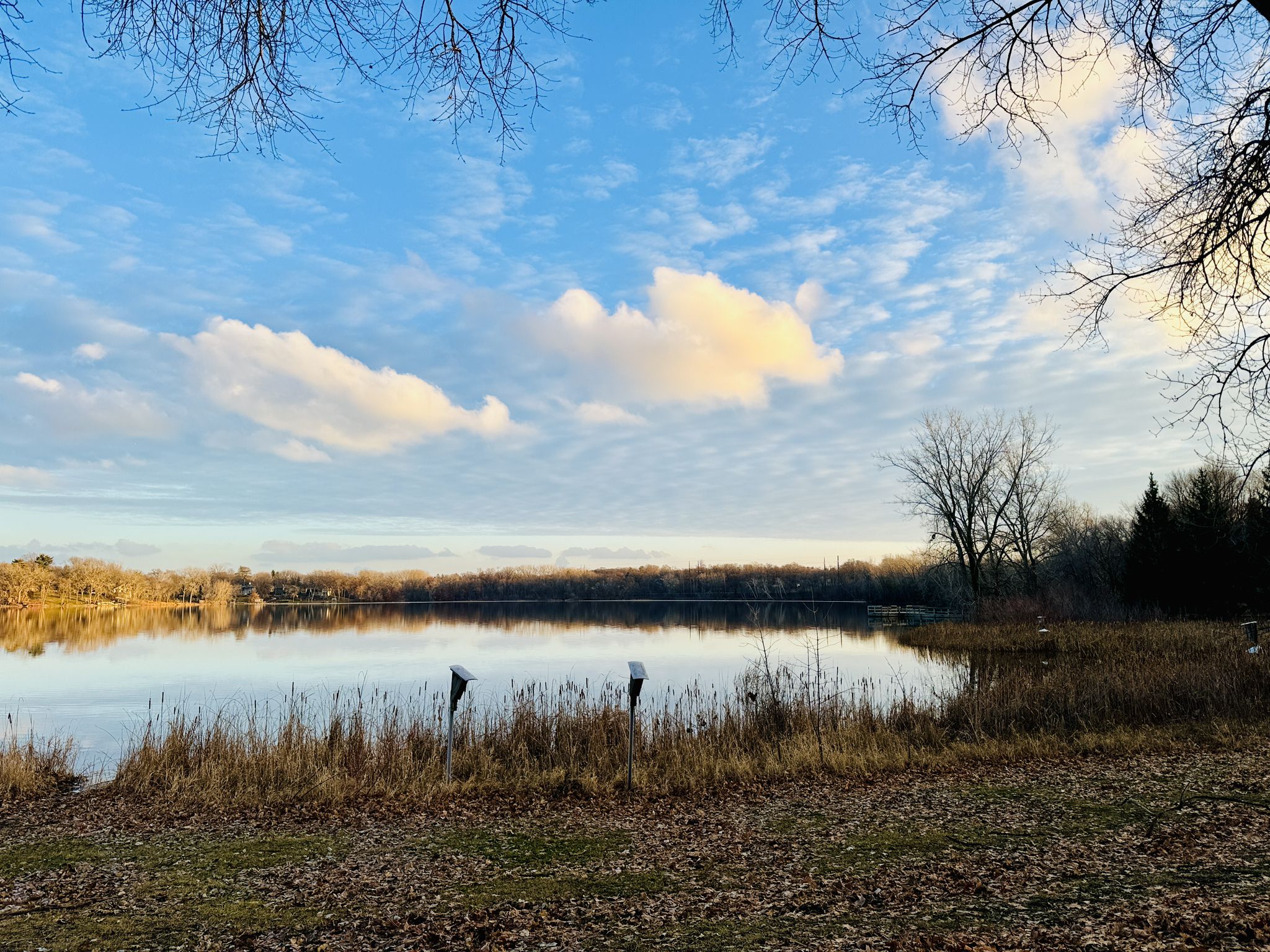 Calm lake reflecting a partly cloudy sky with bare trees on the distant shore. - Parker's Lake Loop
